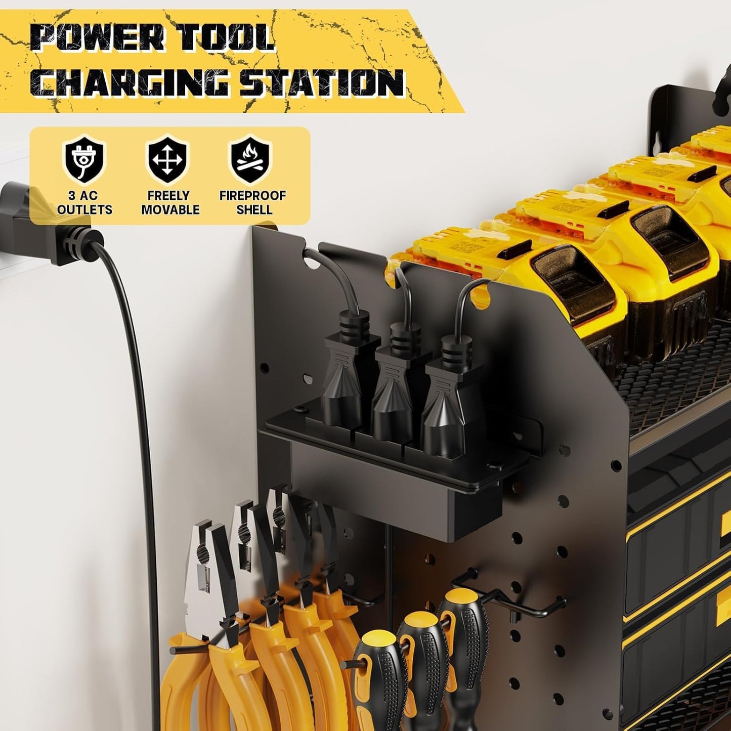 45" Power Tool Organizer Wall Mount with Charging Station - 3 Layer Storage Racks with 8 Cordless Drill Holder, 4 Hooks, Heavy Duty Garage Tool Organizer Storage for Workshop Shed Pegboard Basement