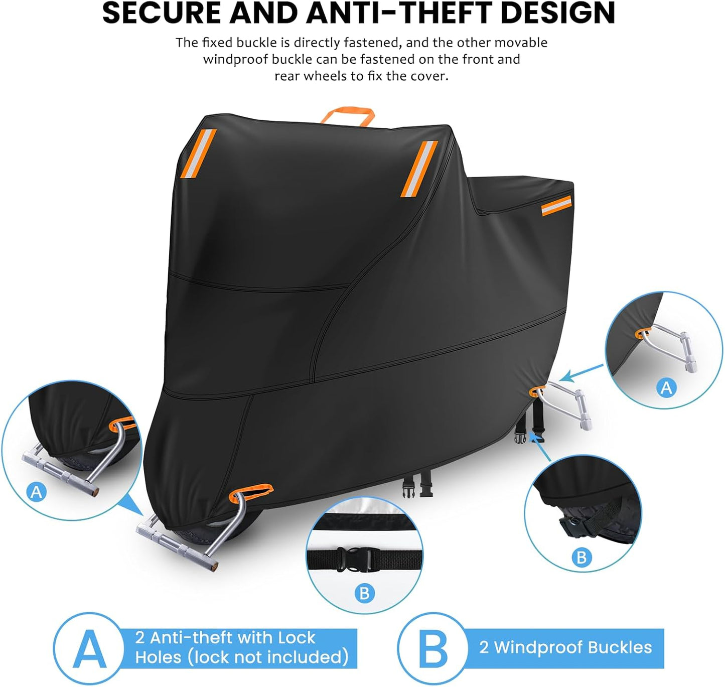 Motorbike Cover for Outside Storage, Waterproof Motorcycle Scooter Moped Cover Outdoor with 4 Reflective Strips and 2 Windproof Buckles, 2 Lock-Holes for Cruisers Sportbikes (2XL: 94 x 35 x 49 inch)
