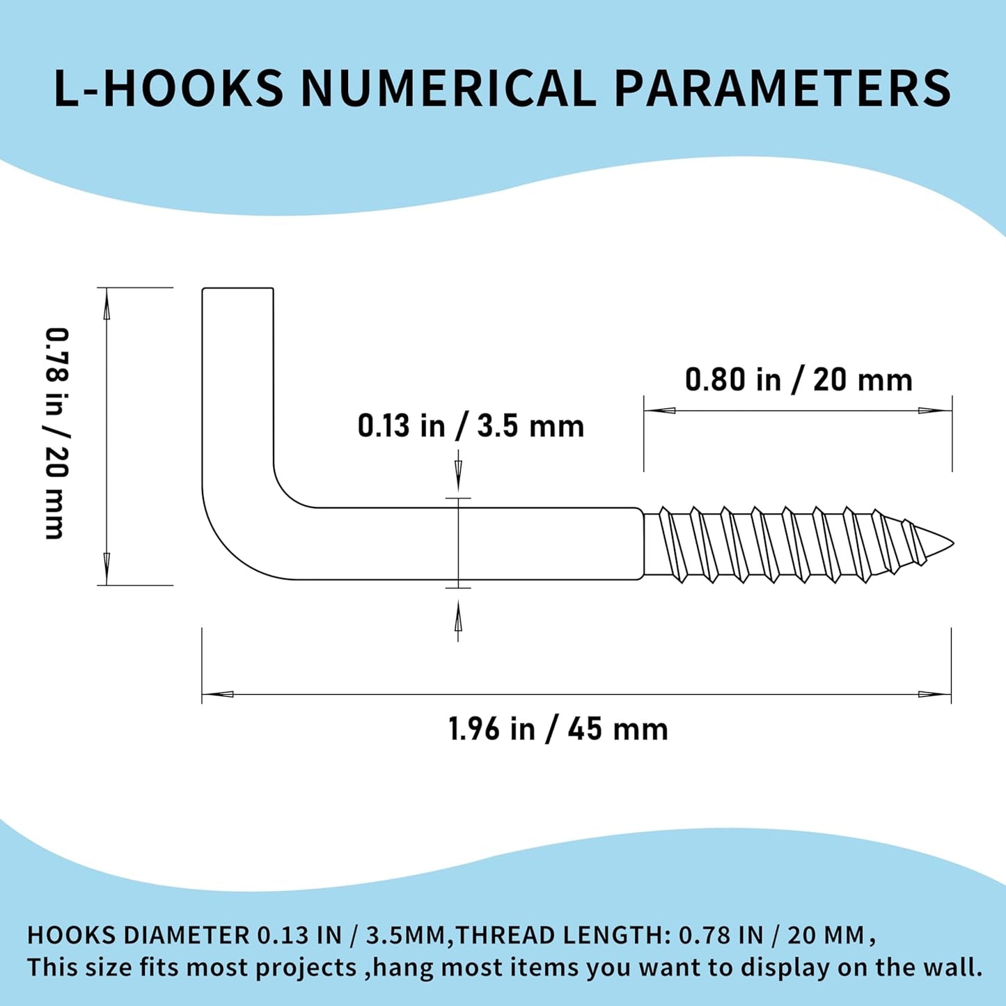 304 Stainless Steel 2 in Screw-in Hooks 20 Pcs,7 Shape Screw Hooks,Right Angle Medal Hooks l Shaped Screw in Hooks for Hanging