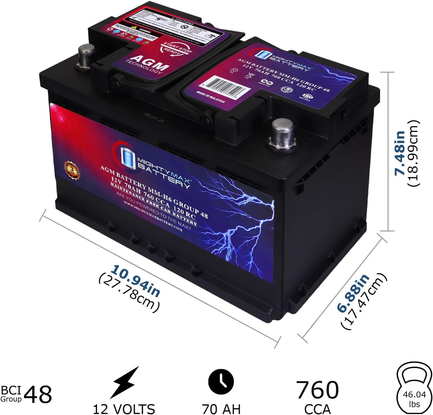Mighty Max Battery MM-H6 Start and Stop Car BCI Group Size 48 12V 70 AH, 120RC, 760 CCA Rechargeable AGM Car Battery