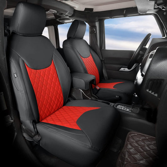 GIANT PANDA Customized Full Set Car Seat Covers for Jeep Wrangler 4 Door JK Sahara Sport Rubicon Unlimited Willys Wheeler Altitude 2013 2014 2015 2016 2017, Faux Leather - (Black+Red)