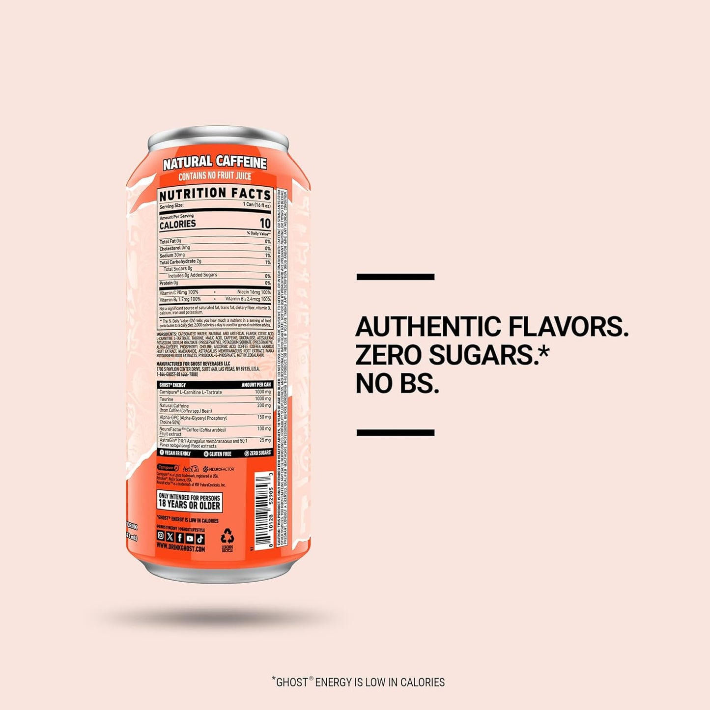 GHOST Energy Drink - 12-Pack, Peaches, 16oz - Energy & Focus & No Artificial Colors - 200mg of Natural Caffeine, L-Carnitine & Taurine - Gluten-Free & Vegan