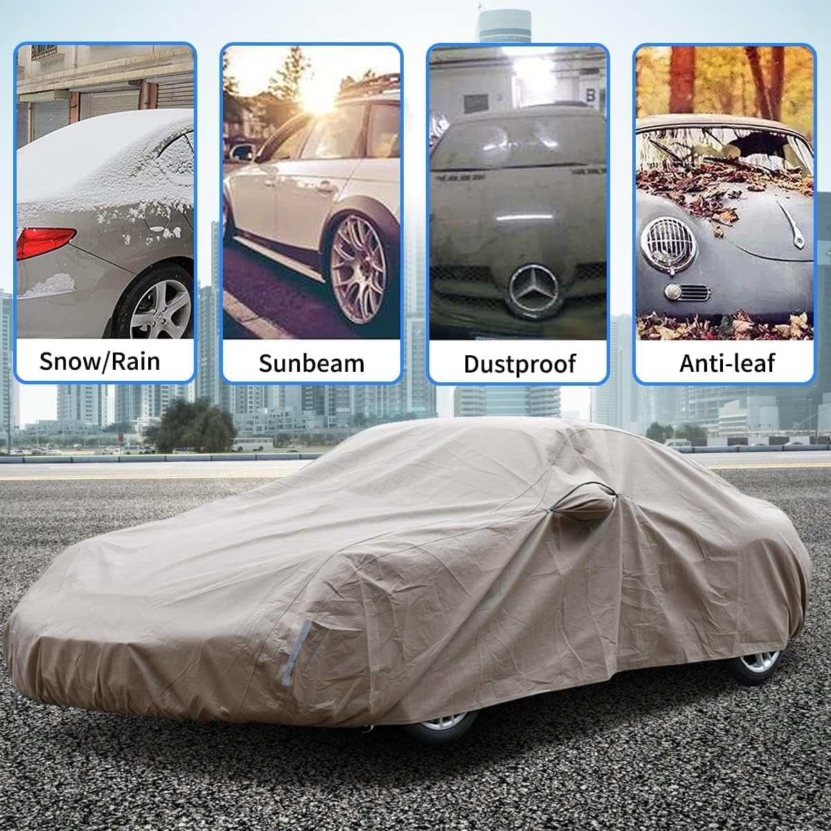 Tecoom Car Cover Waterproof All Weather, Non-Woven Breathable Outdoor Full Covers for Automobiles with Zipper Pockets Sun Uv Wind Hail Protection Universal Fit Mercedes Chevrolet, 183-192 Inch