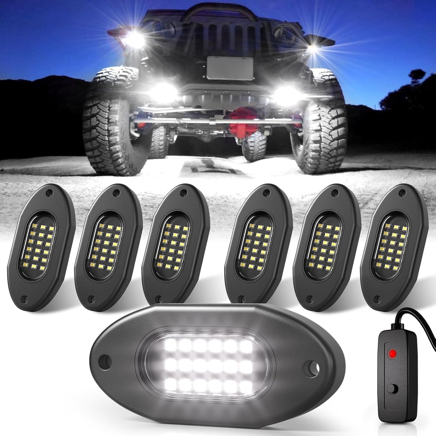 Honalia White LED Rock Lights Kits 6 Pods, 6000K Pure White Rock Lights with Switch