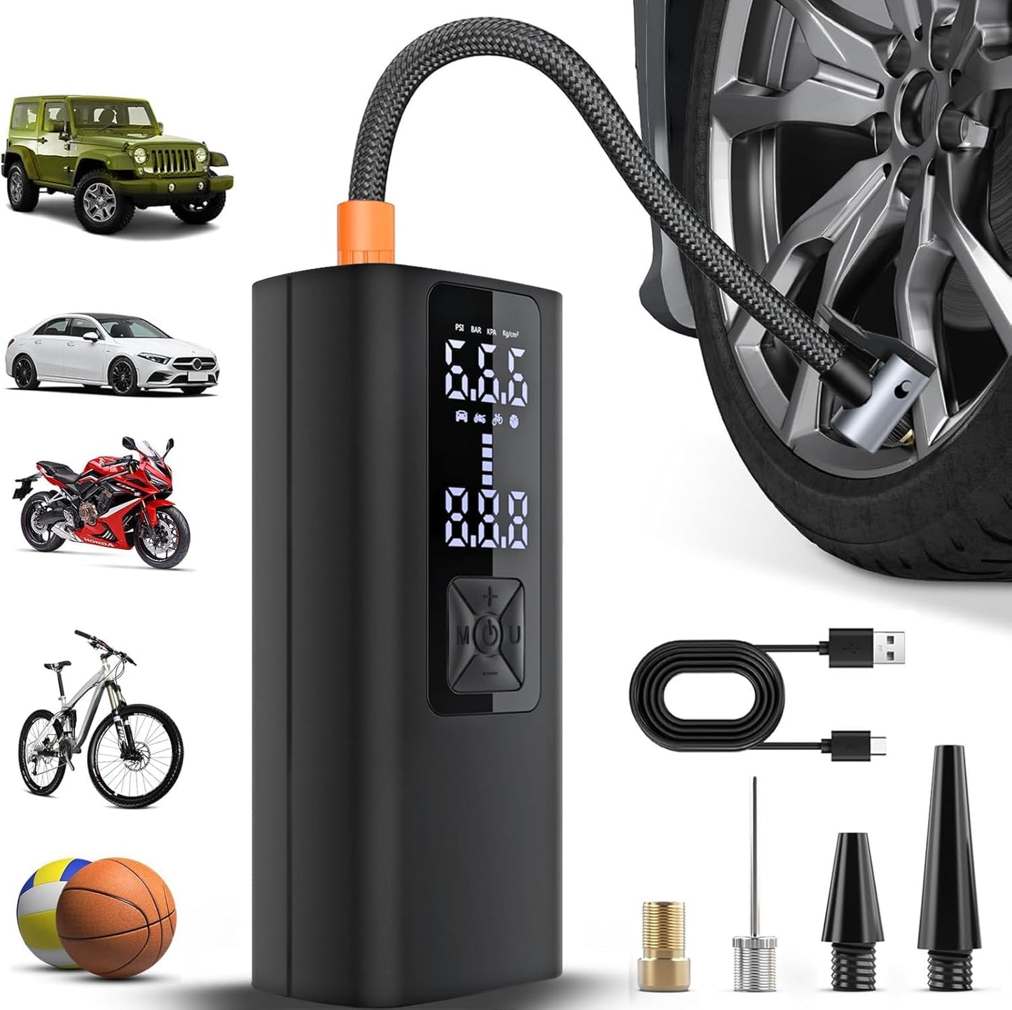 Portable Cordless Tire Inflator Air Compressor Pump for Car Motorcycle Bicycle Digital Pressure Gauge Shut Off LED Light 150PSI Fast Inflation for Tires Balls Sports Equipment