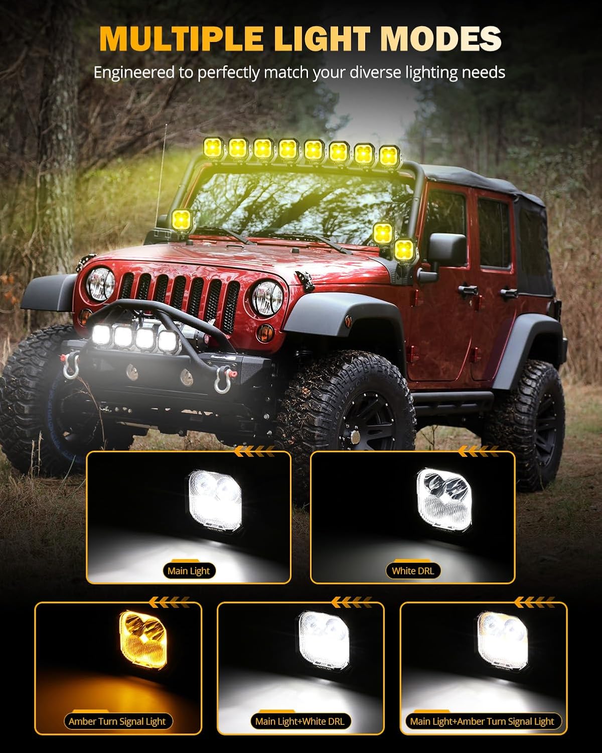 Auxbeam Color Play Series 3 Inch LED Pods, Offroad Light with Amber/White DRL & Turn Signal 100W Spot Flood Combo Beam Off Road Lighting Fog Cube Ditch Light Bar for 4x4 Jeep Truck, 2 Years Warranty