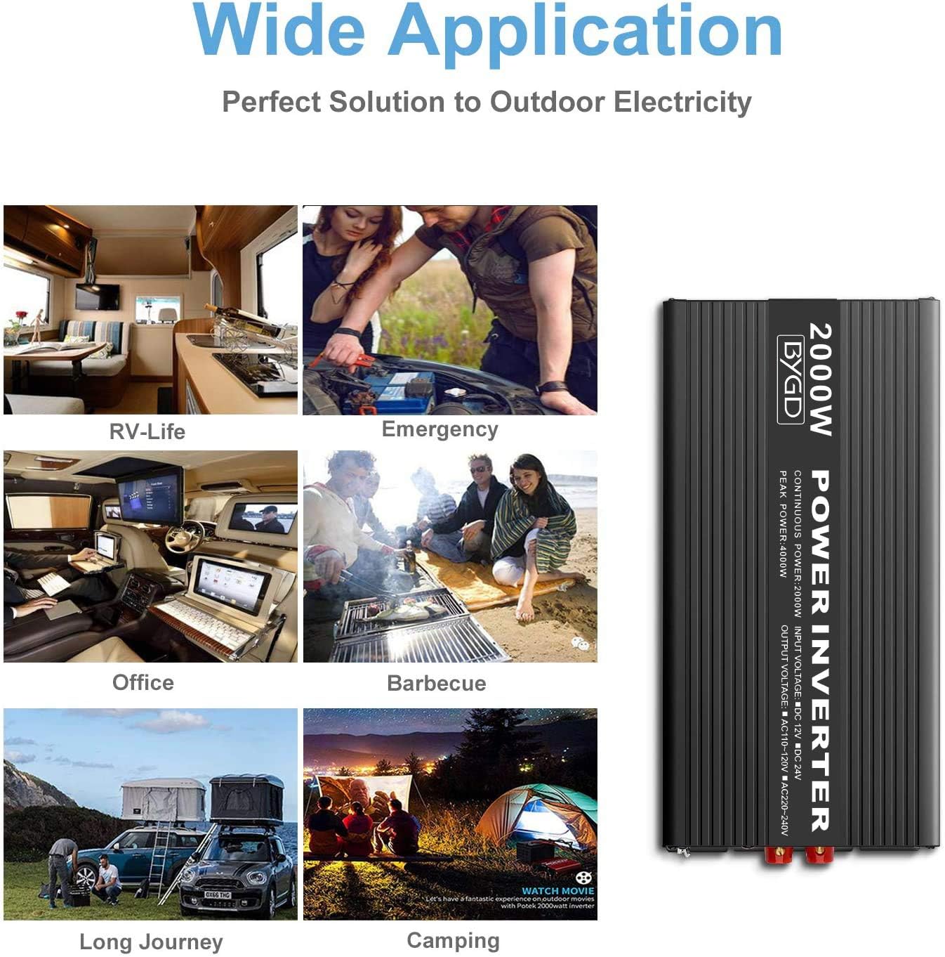 BYGD 2000W Power Inverter 12V DC to 110V AC Inverter Converter with 4 AC Outlets Dual 2.1A USB Ports for Home, RV, Boat, Truck, Off-Grid Solar System