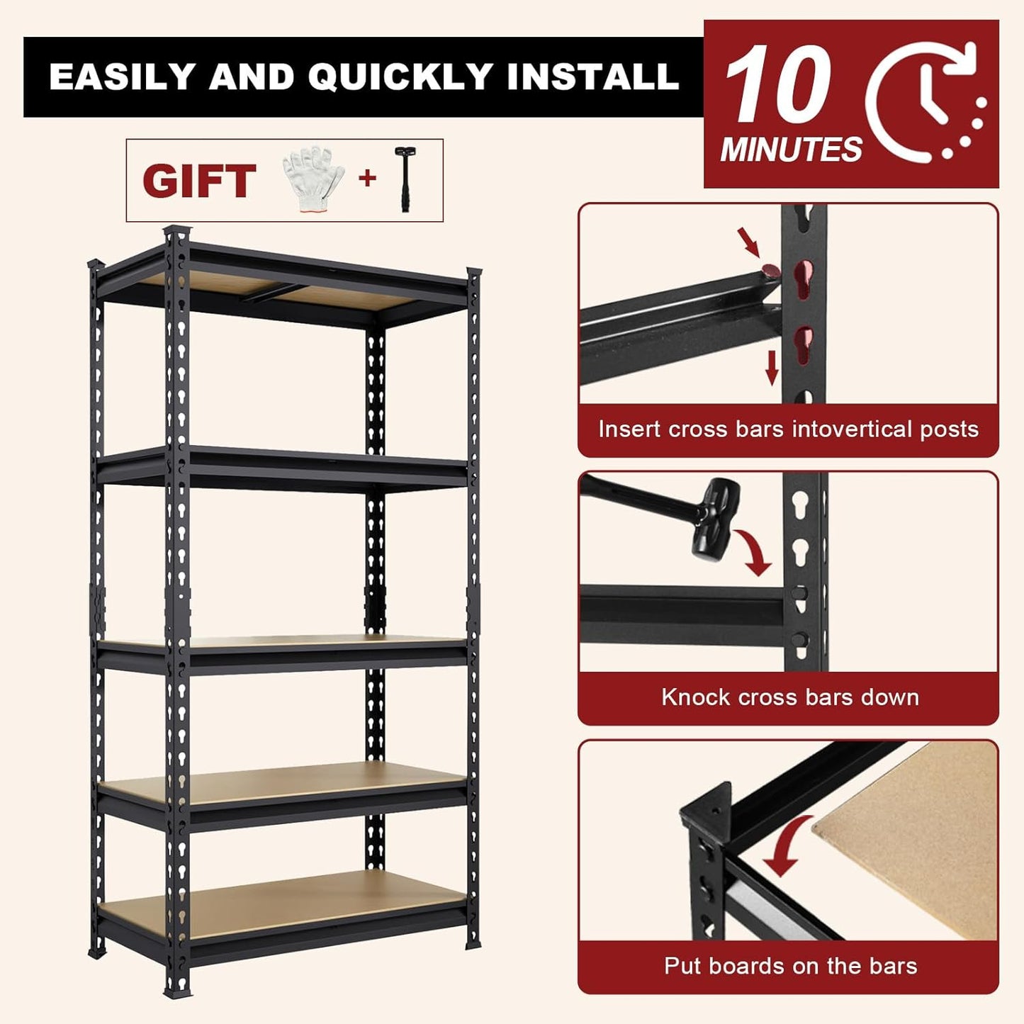 BIG RED 5 Tier Heavy Duty Garage Storage Shelving: Adjustable Metal Utility Shelving Rack for Garage, Basement, Pantry, Closet - 2,000lb Capacity (72"x36"x18") Black