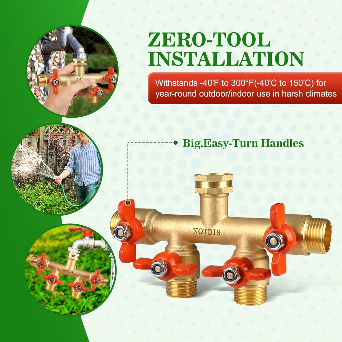 4 Way Brass Hose Splitter Full Flow with Metal Handle - Heavy Duty Spigot Splitter with Shut Off Valve, 3/4"" GHT Garden Tap Connector