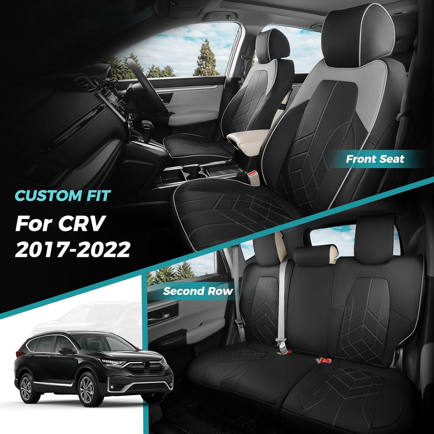 for Honda CRV Seat Covers Custom Fit 2017-2022 EXL EX LX Sport,Touring,Hybrid - Luxury Waterproof Leather Car Seat Covers Full Set - BlackGrey