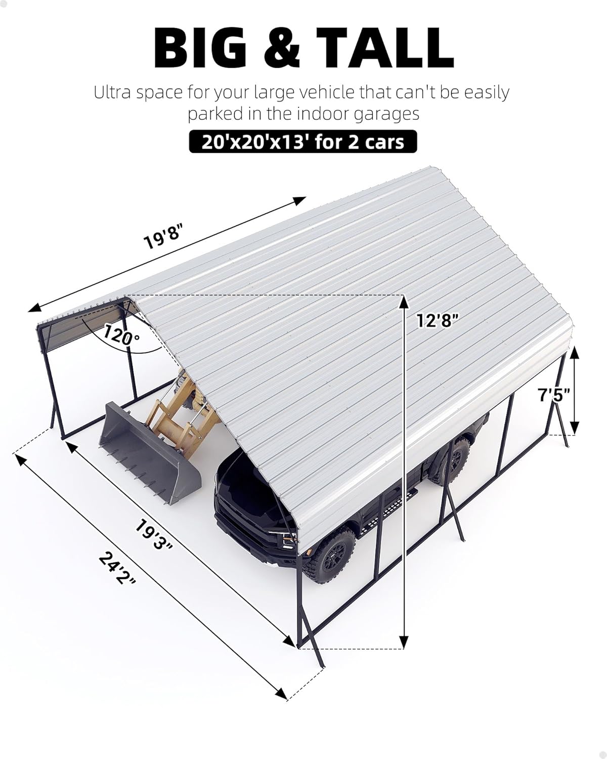 20'x20'x13' Metal Carport for 2 Cars, Heavy Duty Steel Frame for All Weather, Permanent Shelter for Boats, Full-Sized Pickup Trucks, and Tractors, N.W. 800 Lbs