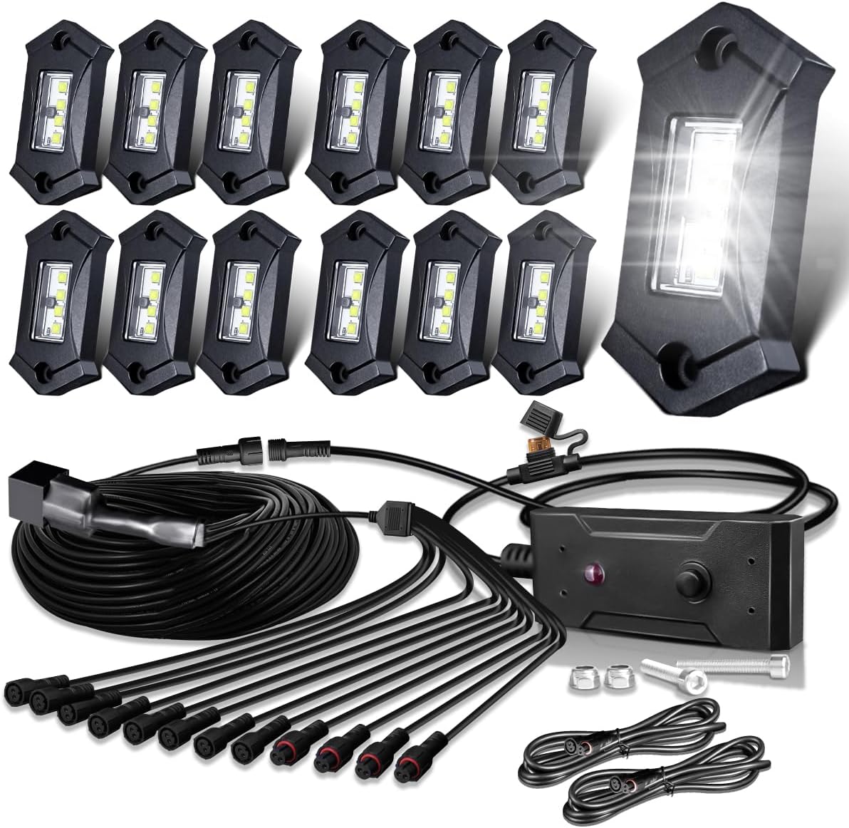 R3 White LED Rock Lights Kit 12PCS with Switch Wire Harness for ATV UTV SUV Off Road RZR Trucks Underglow Pure White Lights Trail Rig Lights Under Body High Power Waterproof Shockproof Light