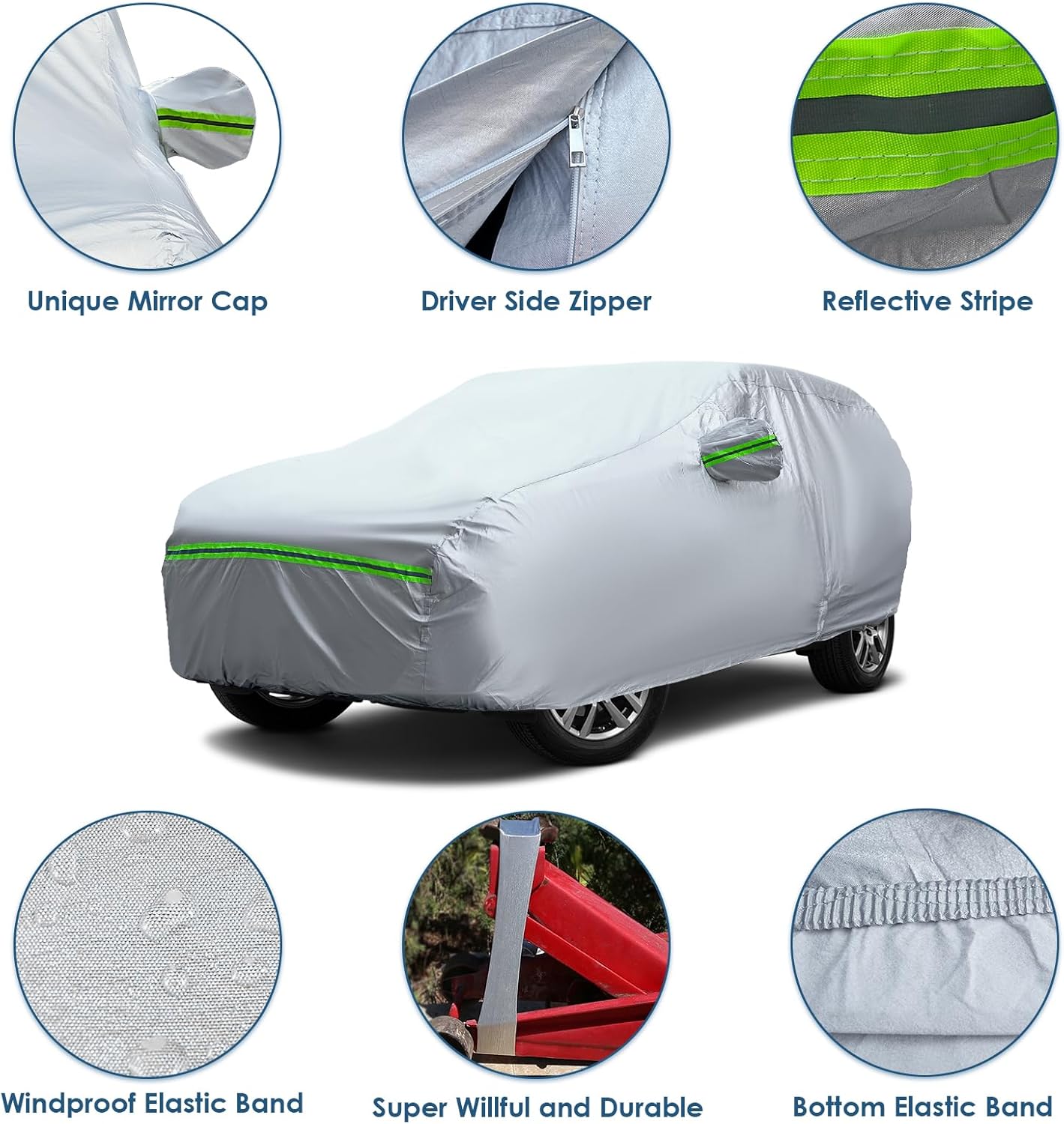 AUQDD 6-Layers Premium MPV Car Cover Waterproof All Weather Weatherproof UV Sun Protection Snow Dust Storm Resistant Outdoor Exterior Custom Form-Fit Full Padded Car Cover with Straps 199"-210" K17