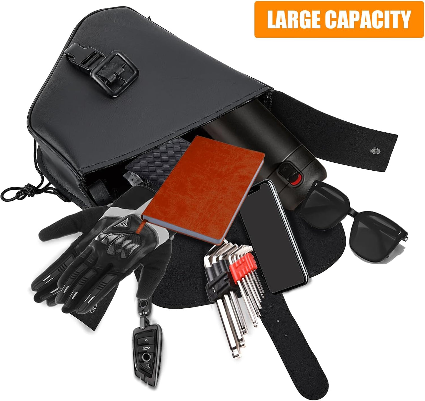 Gargoyle Bells Solo Saddle Bags - PVC Waterproof Motorcycle Luggage for Sportster Softail (Left Side, Black-Single Buckle)