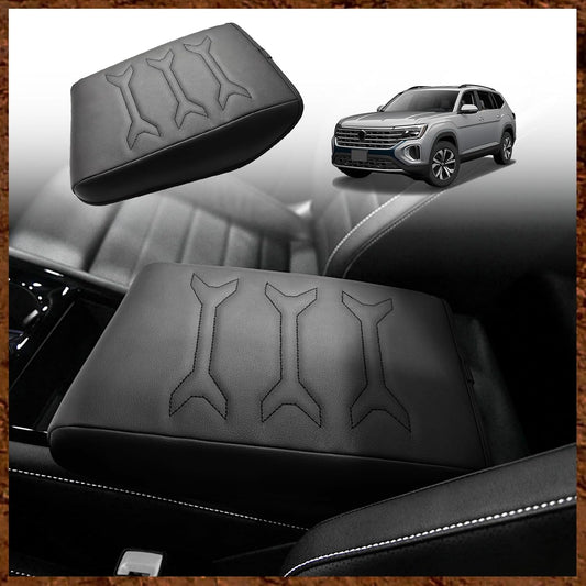 Muslogy for 2024 2025 Atlas & Cross Sport Center Console Pad Armrest Cover Protector Vegan Leather Extra Soft Armrest Box Lid Pad Compatible with Volkswagen Atlas/Cross Sport Accessories (V2_Black)