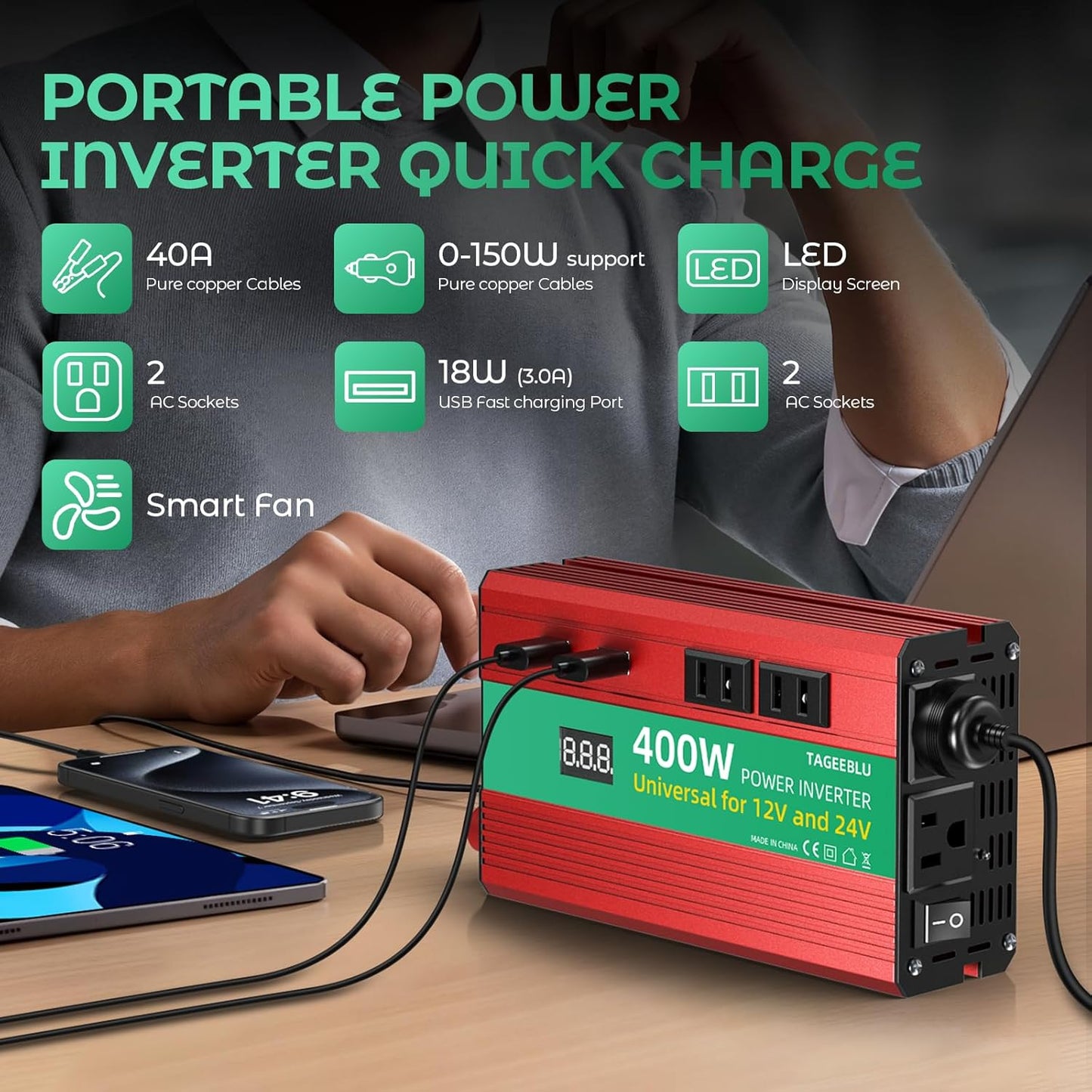 400W Power Inverter, DC 12V/24V to 110V AC Car Inverter for Truck, Home, Vehicles, Laptop, Trip