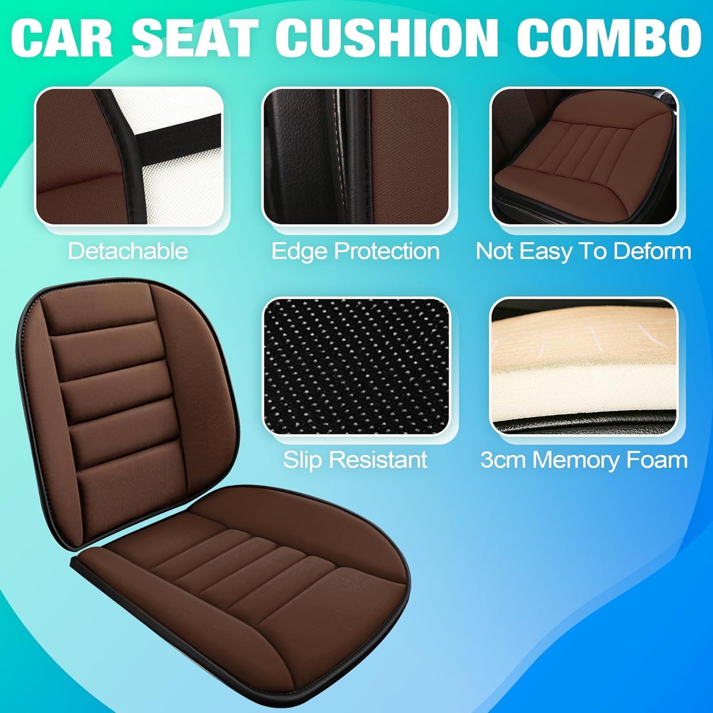 MYFAMIREA Car Seat Cushion and Lumbar Support Pillow 1.2'' Thick Memory Foam Desk Chair Cushion Back Support for Automotive Seat Driver, Travel, Leg and Back Pain Relief, Washable, Adjustable, Coffee