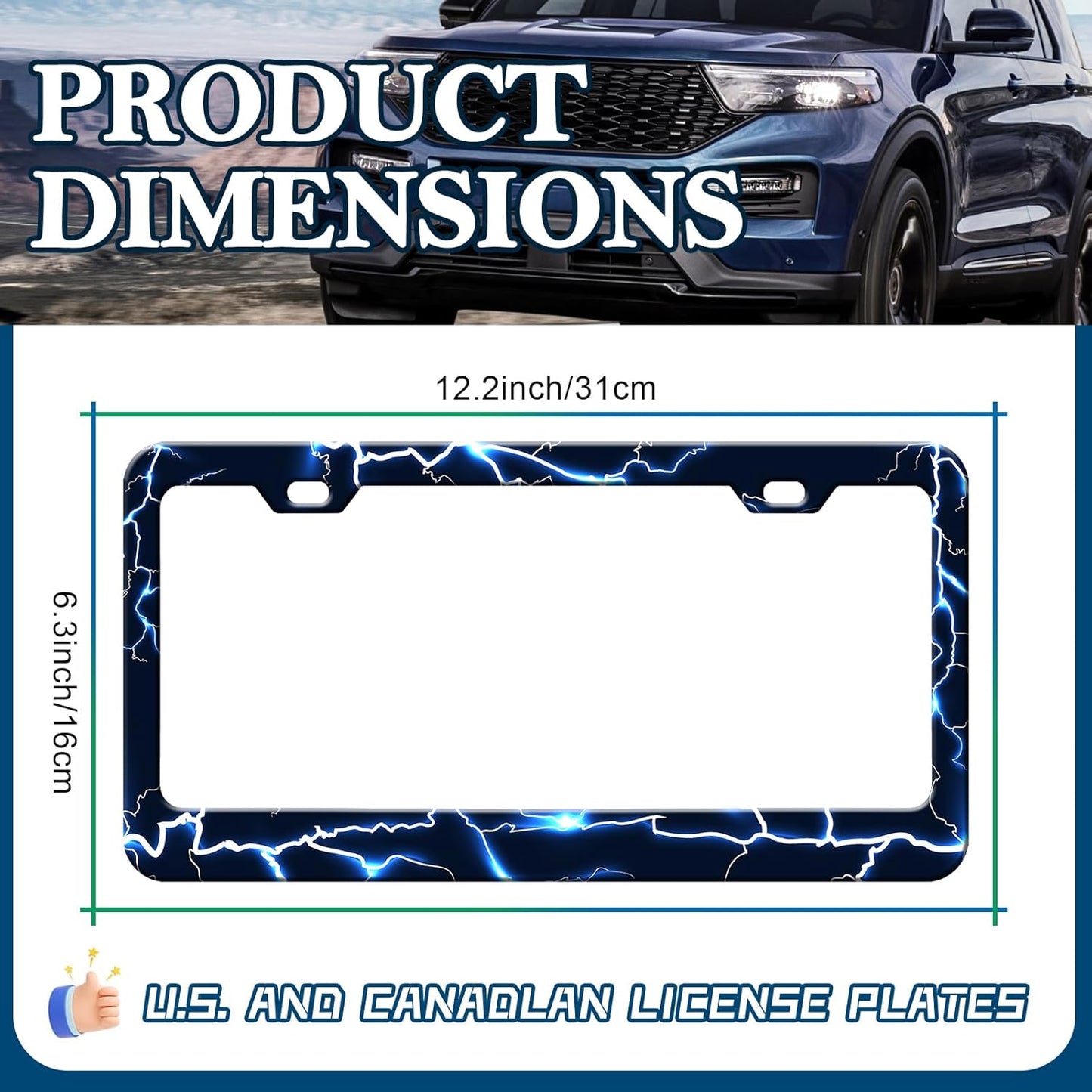 Blue Lightning License Plate Frames - 2 Pack Funny Thunder Stainless Steel License Plate Holder,Rust-Proof Waterproof Car Decorative Tag Frame with Screws Fasteners Caps