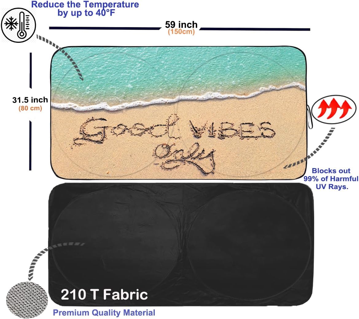 Gven Sun Shade for Car Windshield, Beach Style, Blocks 99% UV Rays, Reflective Tech, Easy Fold & Go, Funny/Stylish Design, Black, 59" x 31.5"