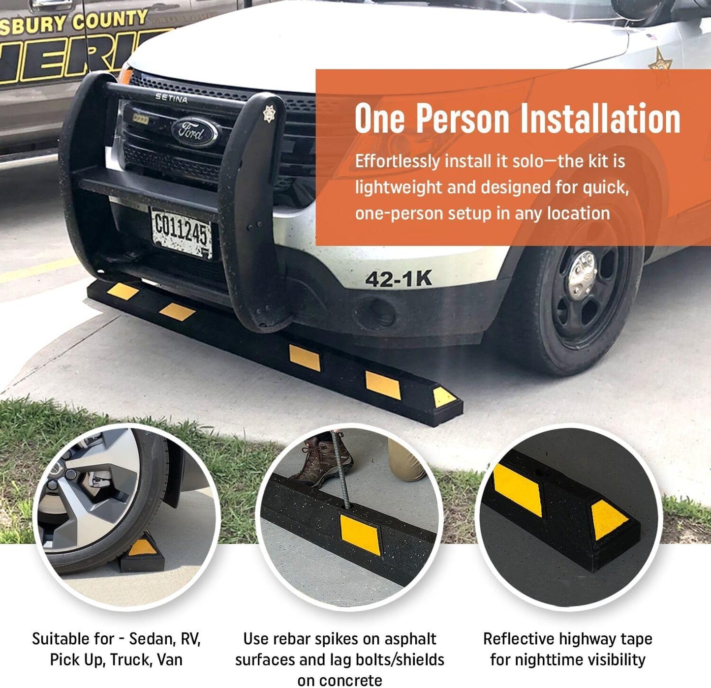 SmartSign Rubber Parking Curb, (Pack of 10) Heavy Duty Parking Stops with Yellow Reflective Stripe Chevrons, 72" Long (6ft), Wheel Stops for Parking Lots/Garage/Cars/Trucks, Pre-Drilled Holes