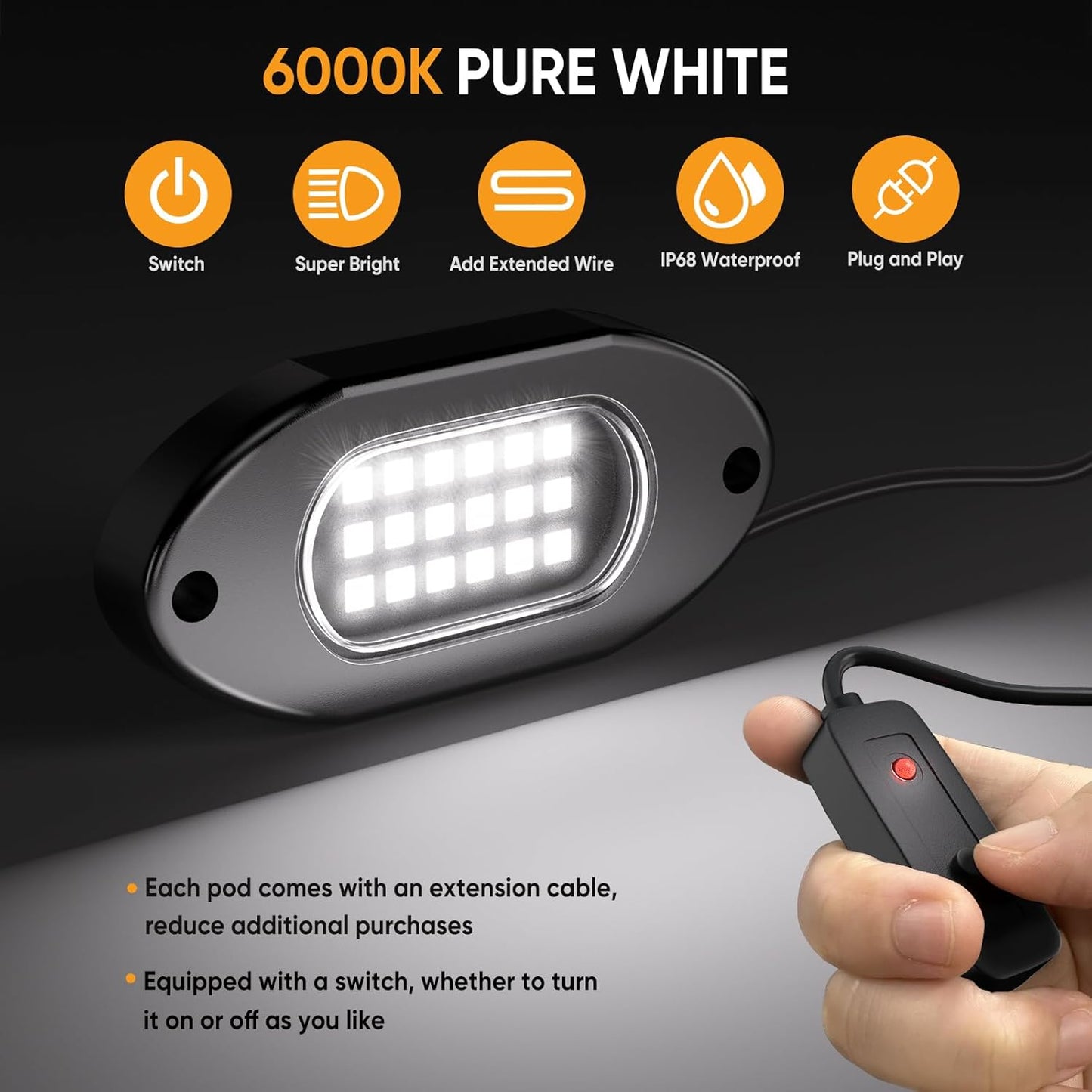 Honalia White LED Rock Lights Kits 6 Pods, 6000K Pure White Rock Lights with Switch