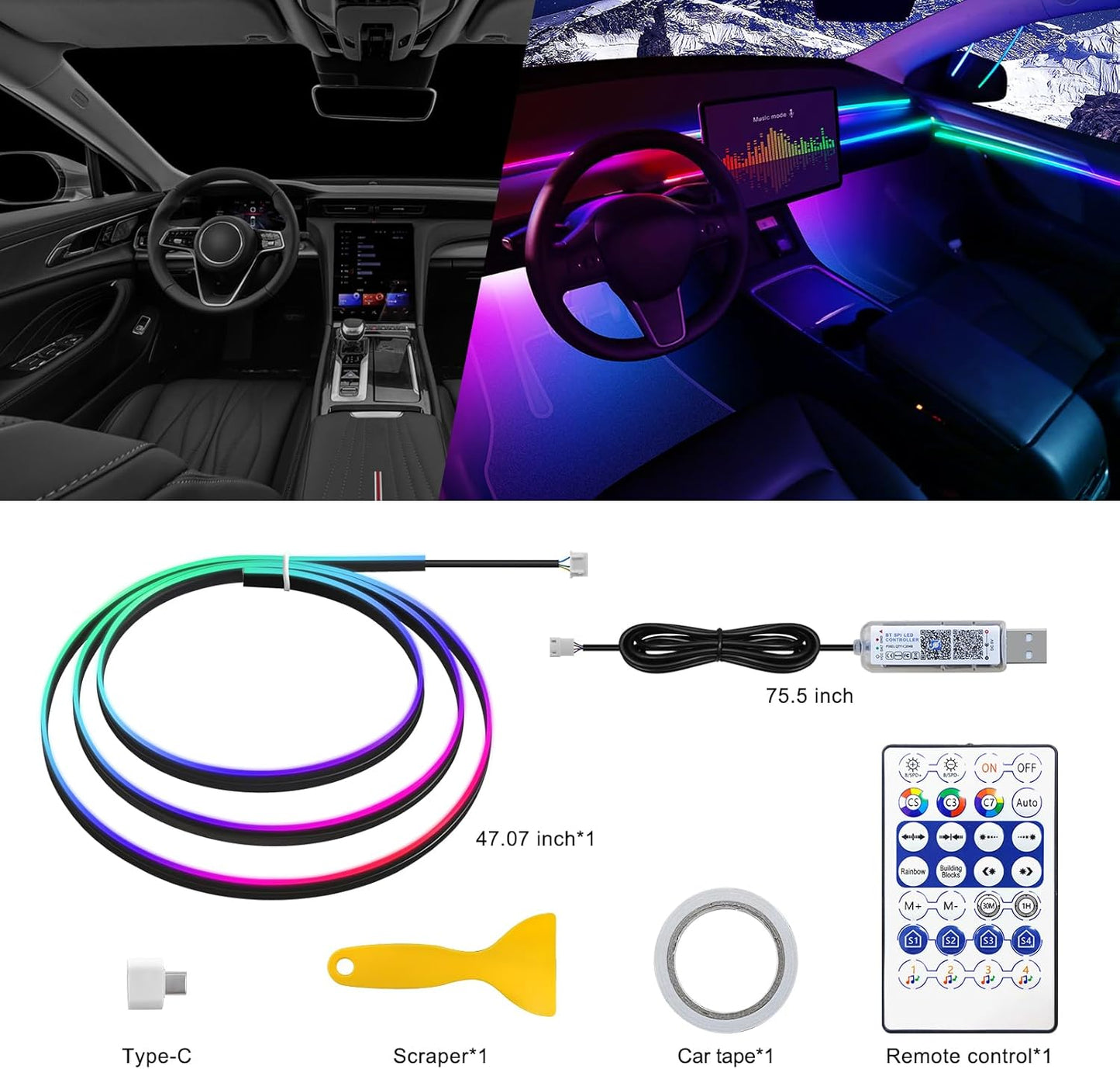 Dreamcolor Acrylic Interior Car LED Strip Light with USB/Type C, 47.24 inches Fiber Optic Ambient Lighting Kits, 16 Million Colors Sound Active Function