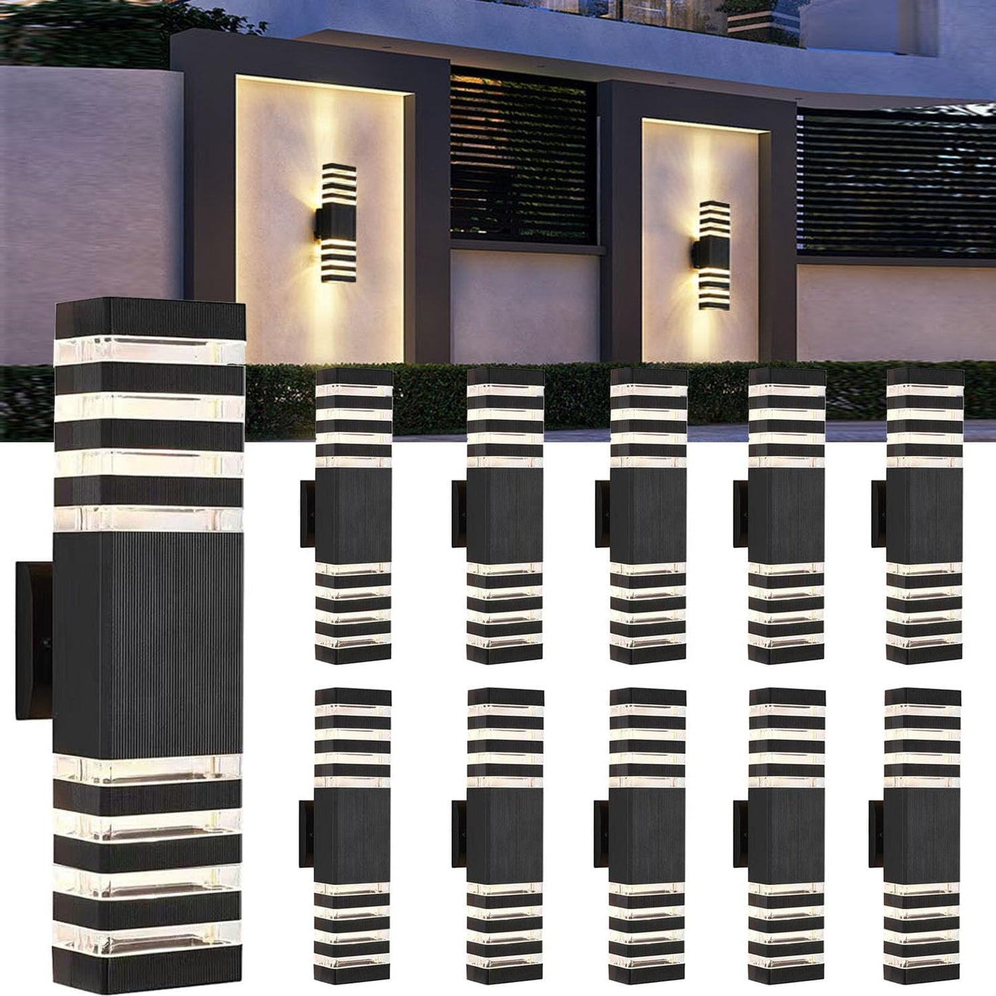 18inch LED Square Up & Down Wall Lights,24W Outdoor Wall Light 4000K Day White Aluminum Body Waterproof IP65 LED Exterior Light Fixtures Wall Mount for House Patio Garage Garden. (10 Pack)