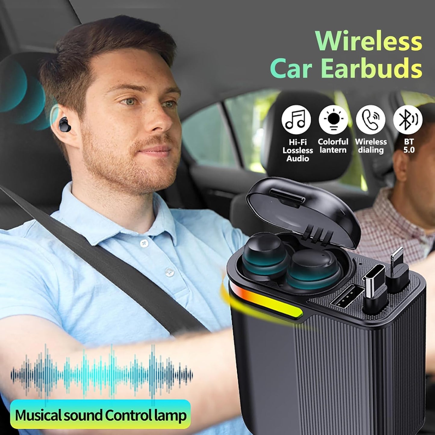 MLVOC 120W Fast Charging Car Charger with Earbuds, Retractable 4-in-1 USB-C & Lightning for iPhone & Android (Black)