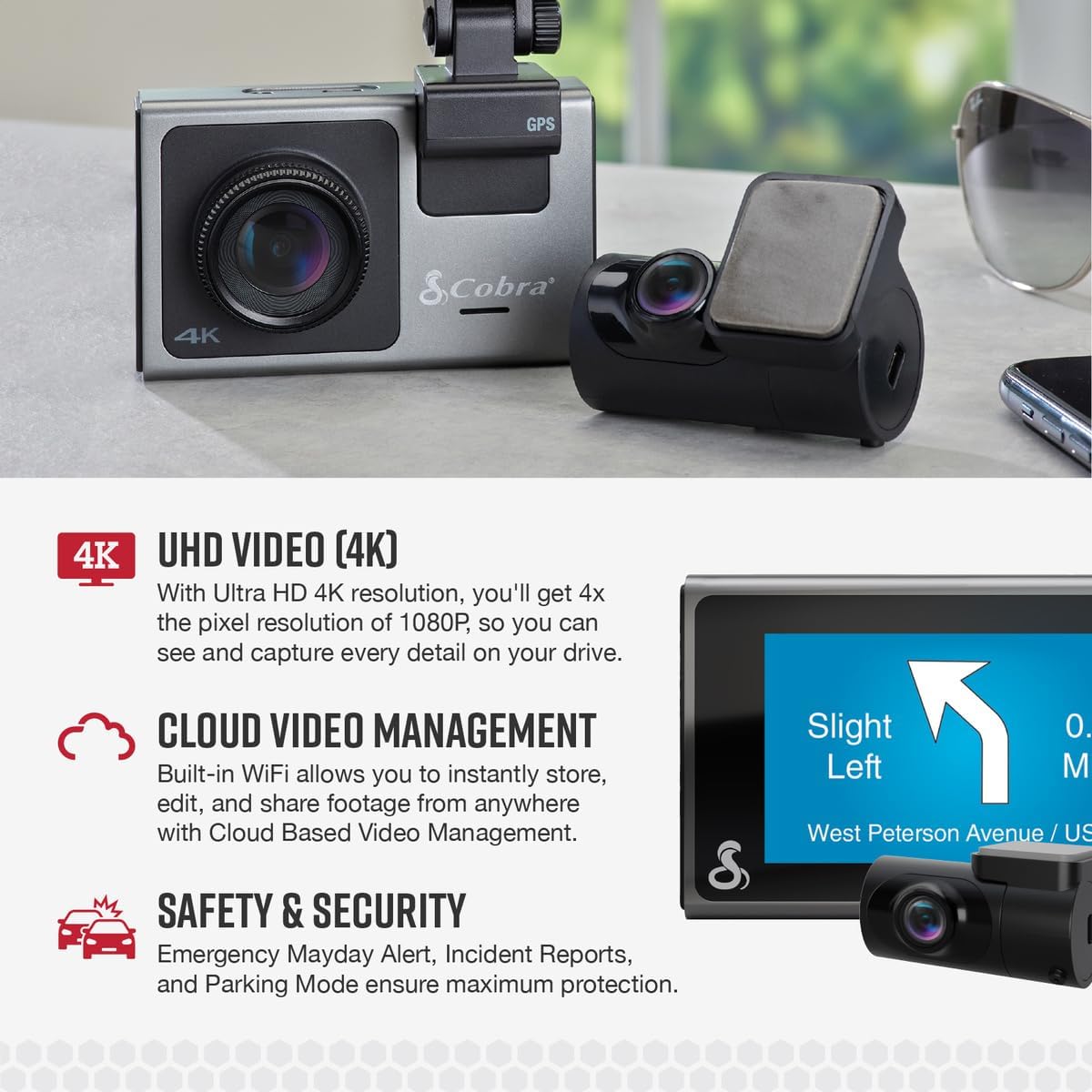 Bundle of Cobra Smart Dash Cam with Rear Cam (SC 400D) + Cobra 2.5A Micro USB Hardwire Kit