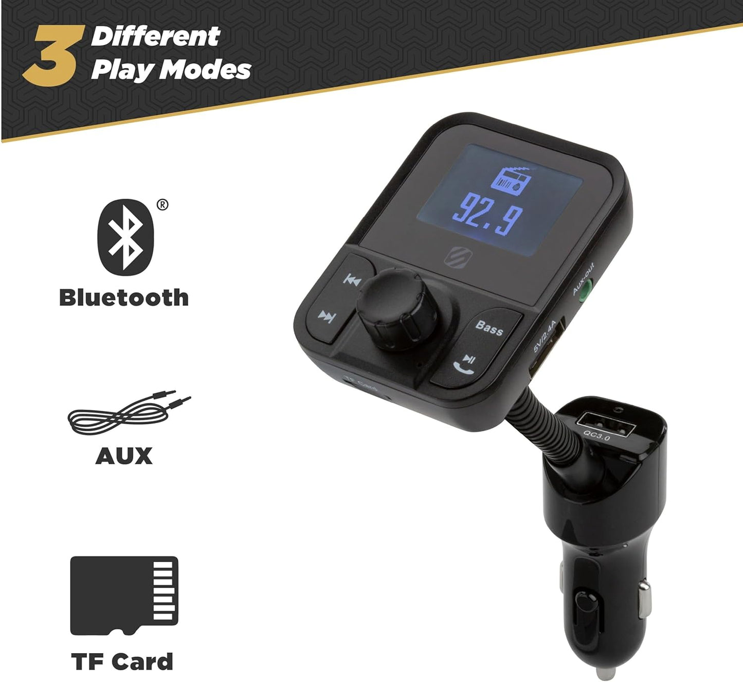Scosche SBTFM1-XCES0 Bluetooth 5.0 FM Transmitter w/ Dual USB Charger Ports, LCD Screen, Adjustable Neck & Aux Port, Wireless Radio Bluetooth Adapter, Hands-Free Car Kit for Phone Calls & Music Player