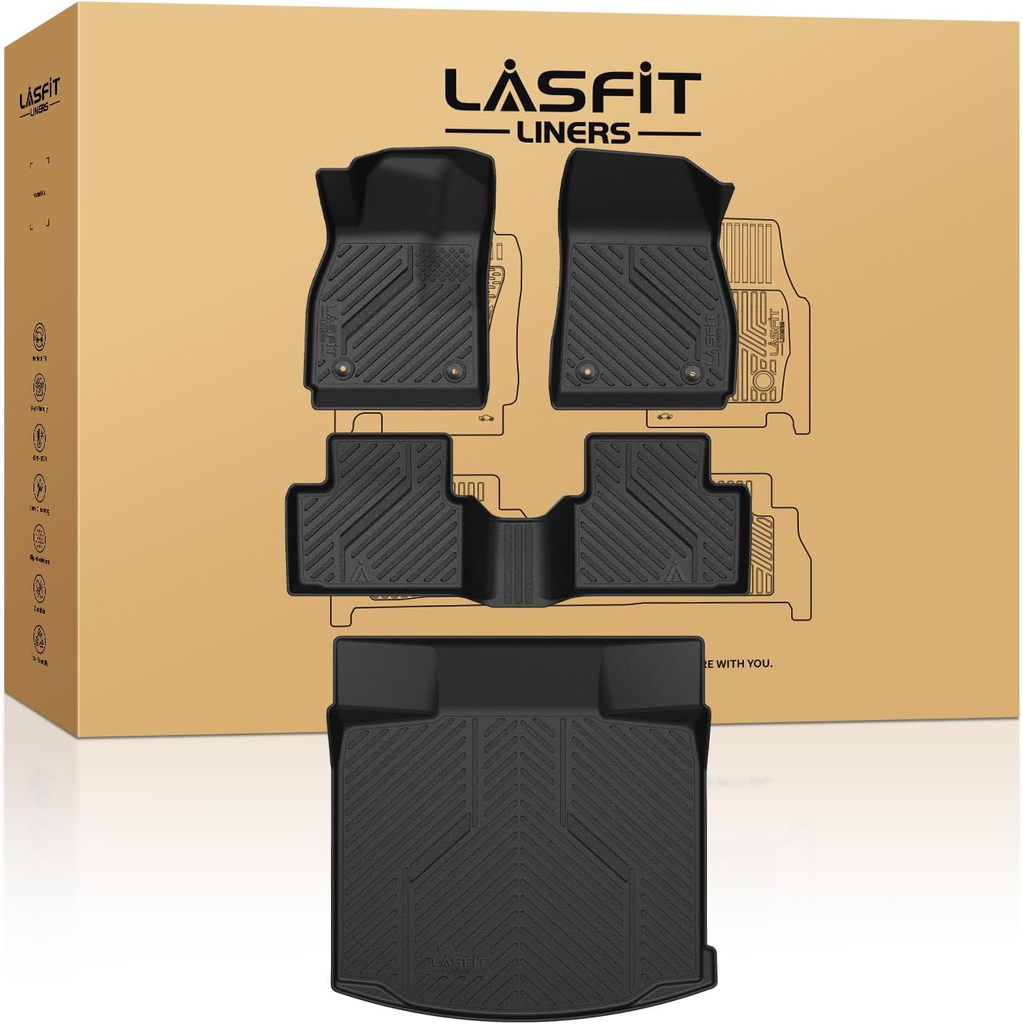 LASFIT Floor Mats & Cargo Liner for Chevrolet Malibu 2013-2015/Malibu Limited 2016 Only, All Weather TPE Custom Fit Floor Mats for Cars, 1st and 2nd Row Car Floor Mats for Malibu Accessories Black