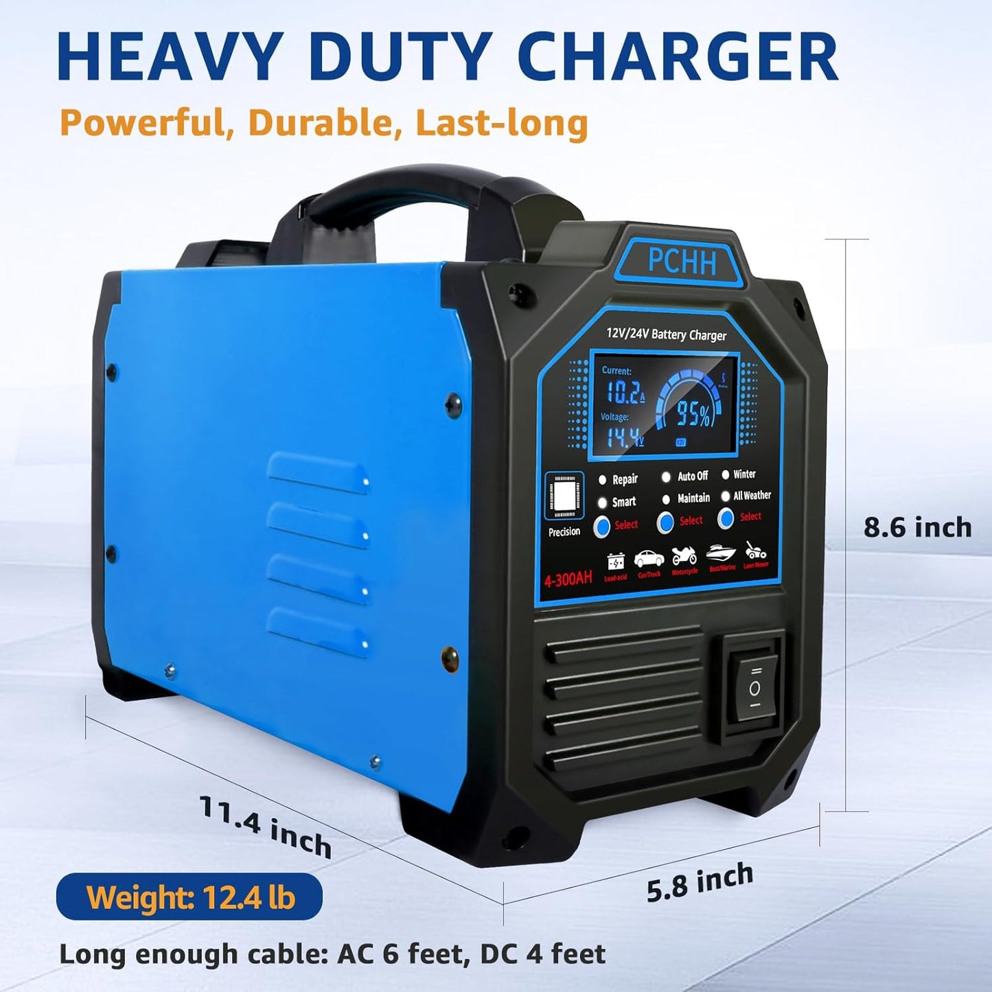 12V 24V Car Battery Charger Heavy Duty, 0-15A Automatic Battery Maintainer, Smart Trickle Charger with Auto Shutoffs, Repair, Winter Mode, for Automotive Car Truck Motorcycle Lawn Mower Boat AGM