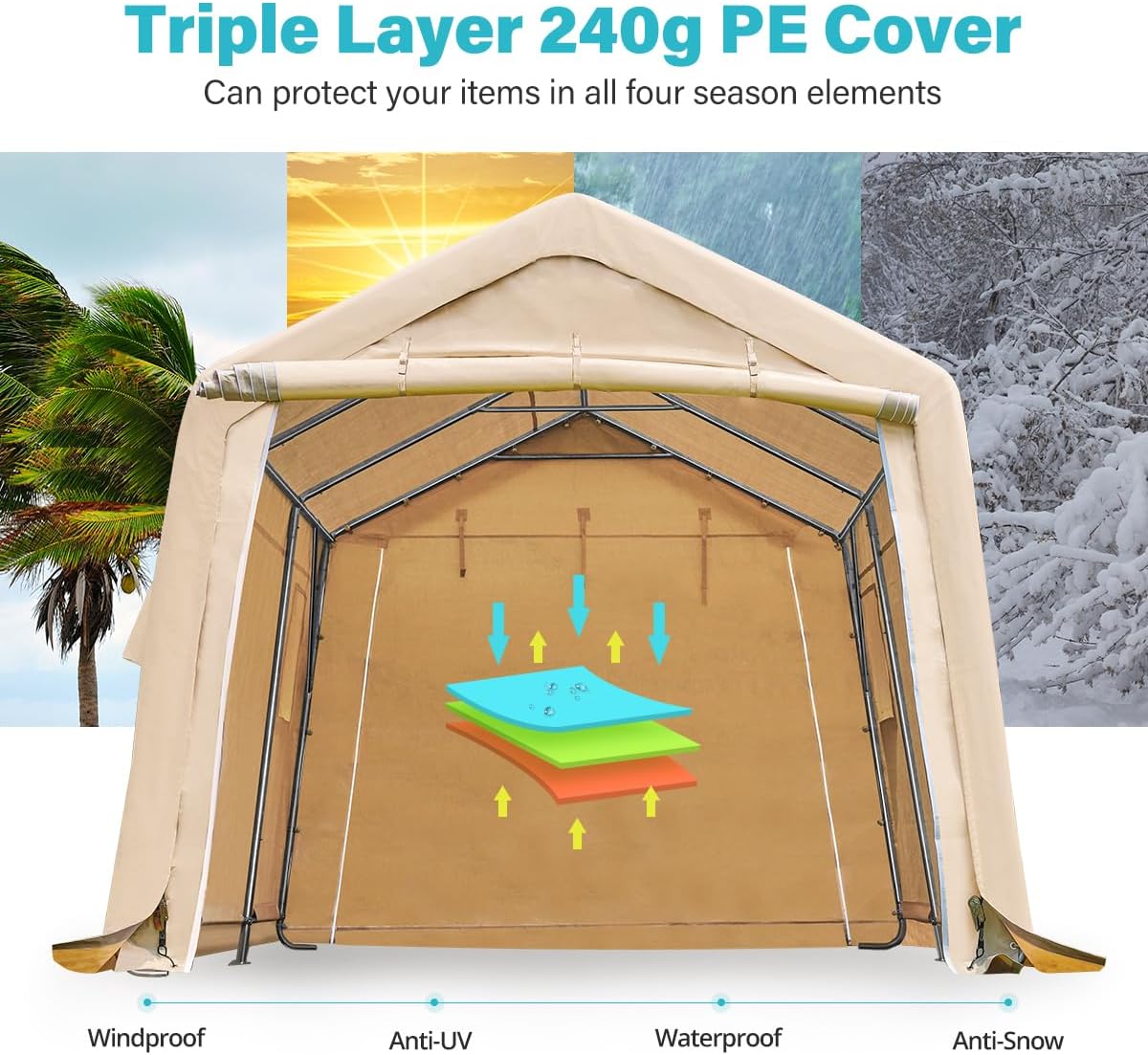 ADVANCE OUTDOOR 10x15 ft Shelter Storage Shed Steel Metal Peak Roof Portable Garage Carports for Motorcycle, Boat or Garden Tools with 2 Roll up Doors & Vents, Beige