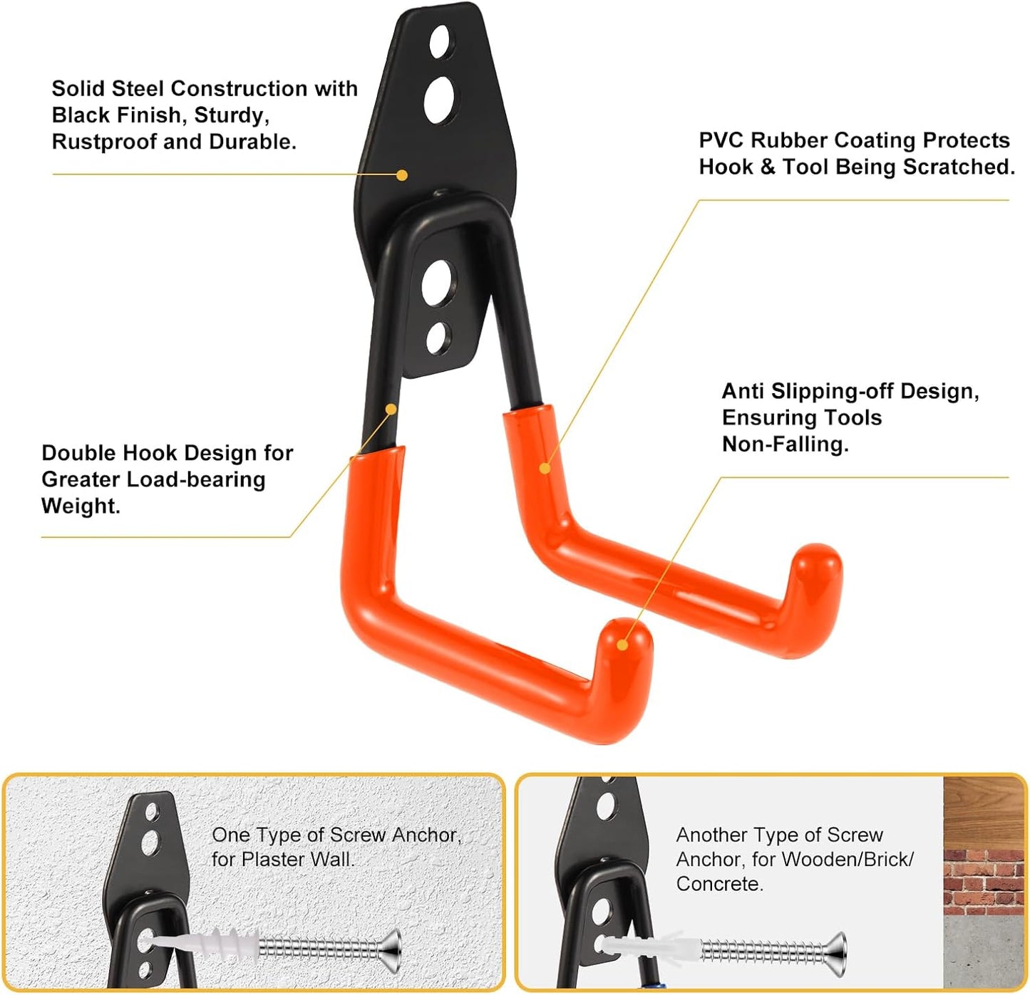 Garage Hook Heavy Duty Wall Storage Hangers, 16 Pack Garage Storage Hooks Steel Tool Organizer Orange for Ladders, Ropes, Garden Tools