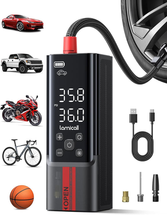 Lamicall Portable Car Tire Inflator - Air Compressor [150 PSI] [4X Faster] Cordless Car Air Pump with Rechargeable Battery, Digital Display Pressure Gauge, LED Light, for Cars, Motorcycles, Bike, Ball