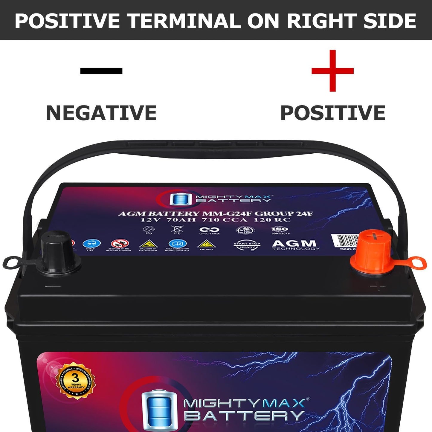 Mighty Max Battery MM-G24F Start and Stop Car BCI Group Size 24F 12V 70Ah, 120RC, 710 CCA Rechargeable AGM Car battery