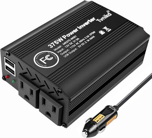 375W/750W(Peak) car Power Inverter 12V to 110V dc to ac with Cigarette Lighter inverters for Vehicles car Camping Truck Trailer with 2 USB outlets-375W