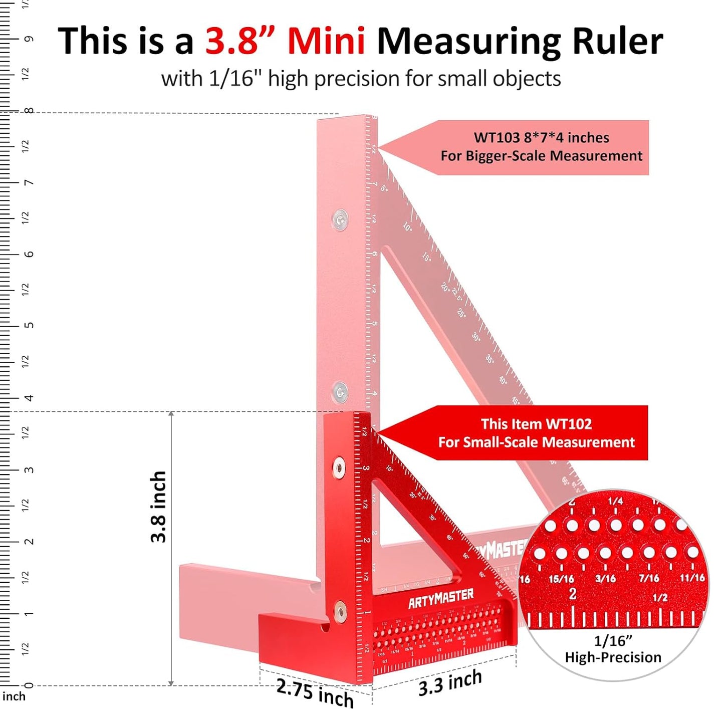 3.8＂Mini 3D Multi-Angle Measuring Square Ruler, WT102A High Precision Hole Scribing Woodworking Tools, 0-90° Aluminum Alloy Carpenter Square Wood Working Tools, Carpenter Pencils 6 Refills.