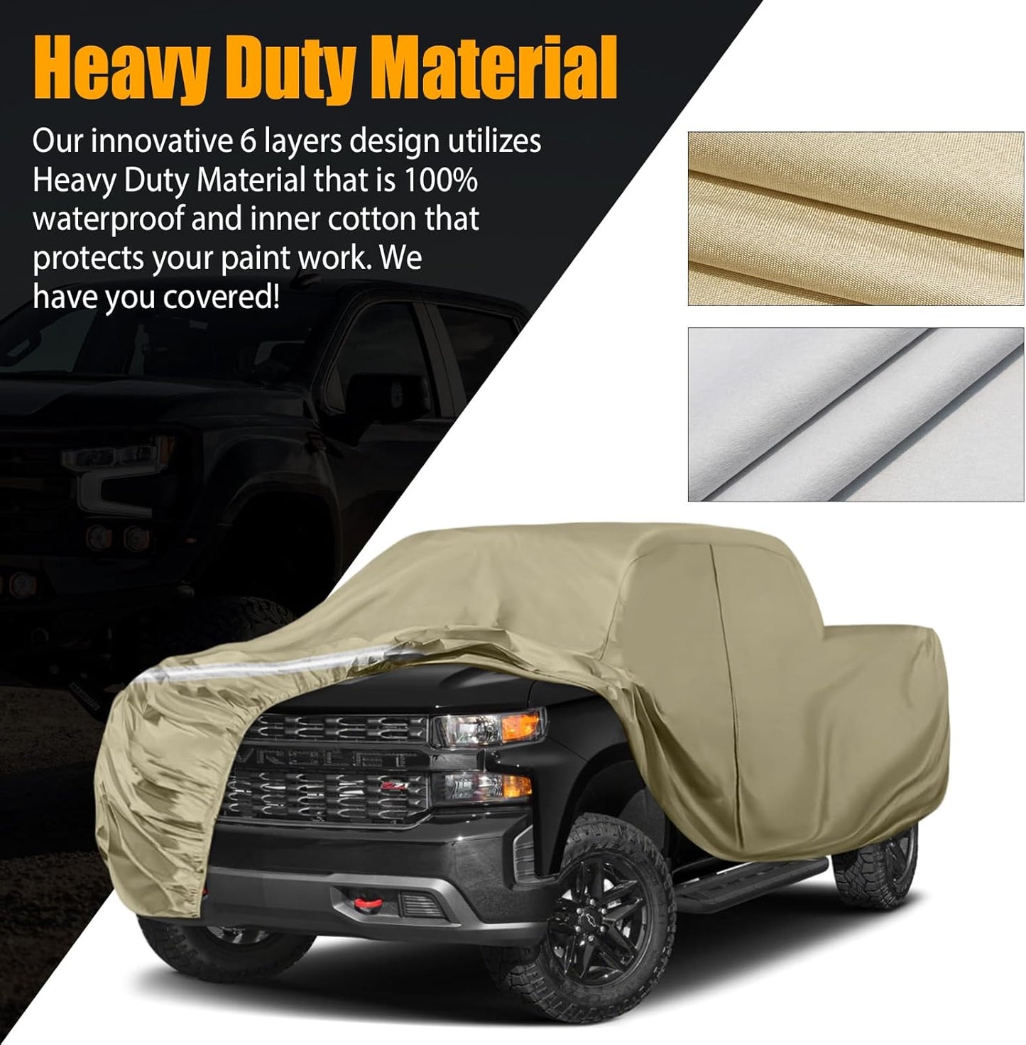 Waterproof Truck Covers Replace for Ford F150 / Dodge Ram 1500 CrewCab 6.5 ft, Multilayer Heavy Duty with Cotton Liner Truck Cover with Zipper Door, Windproof Bands for Snow Rain Dust Protection