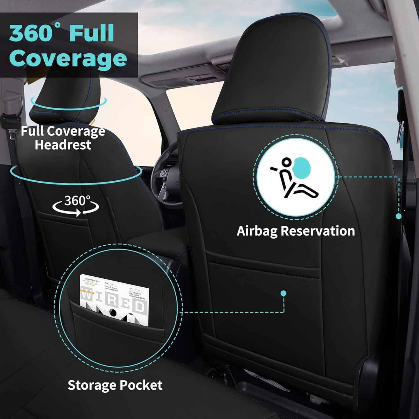 Seat Covers for Toyota 4Runner 2011-2024, Faux Leather Car Seat Cover Full Set, 2-Row-Only for 5 Seats Version-BlackBlue