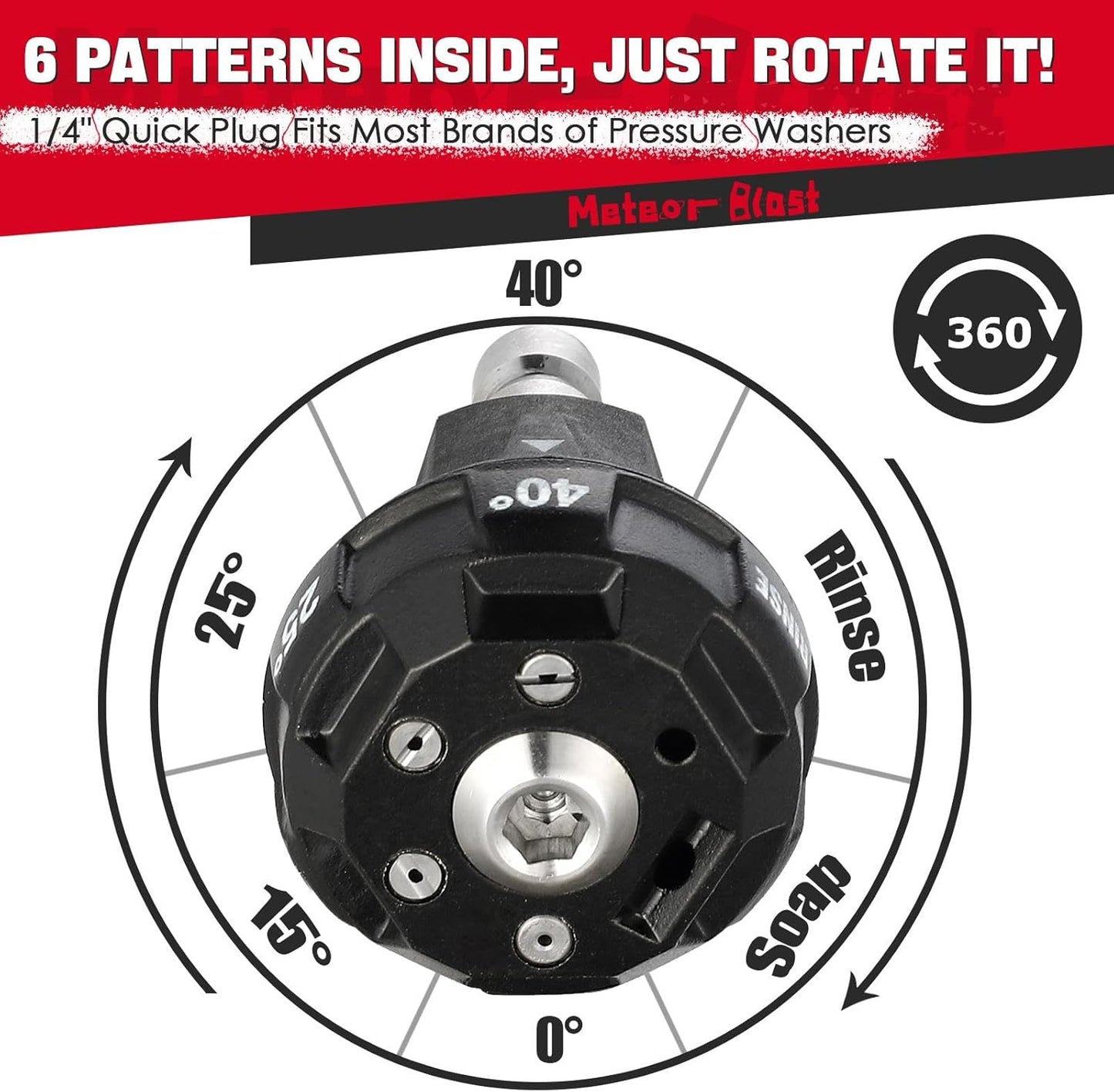 Meteor Blast Pressure Washer Nozzle, 6-in-1 Quick Change over and Adjustable, Power Washer Tips Replacement with 1/4 inch Quick Connector, MAX 4500PSI 2.0GPM for power washer and pressure washer