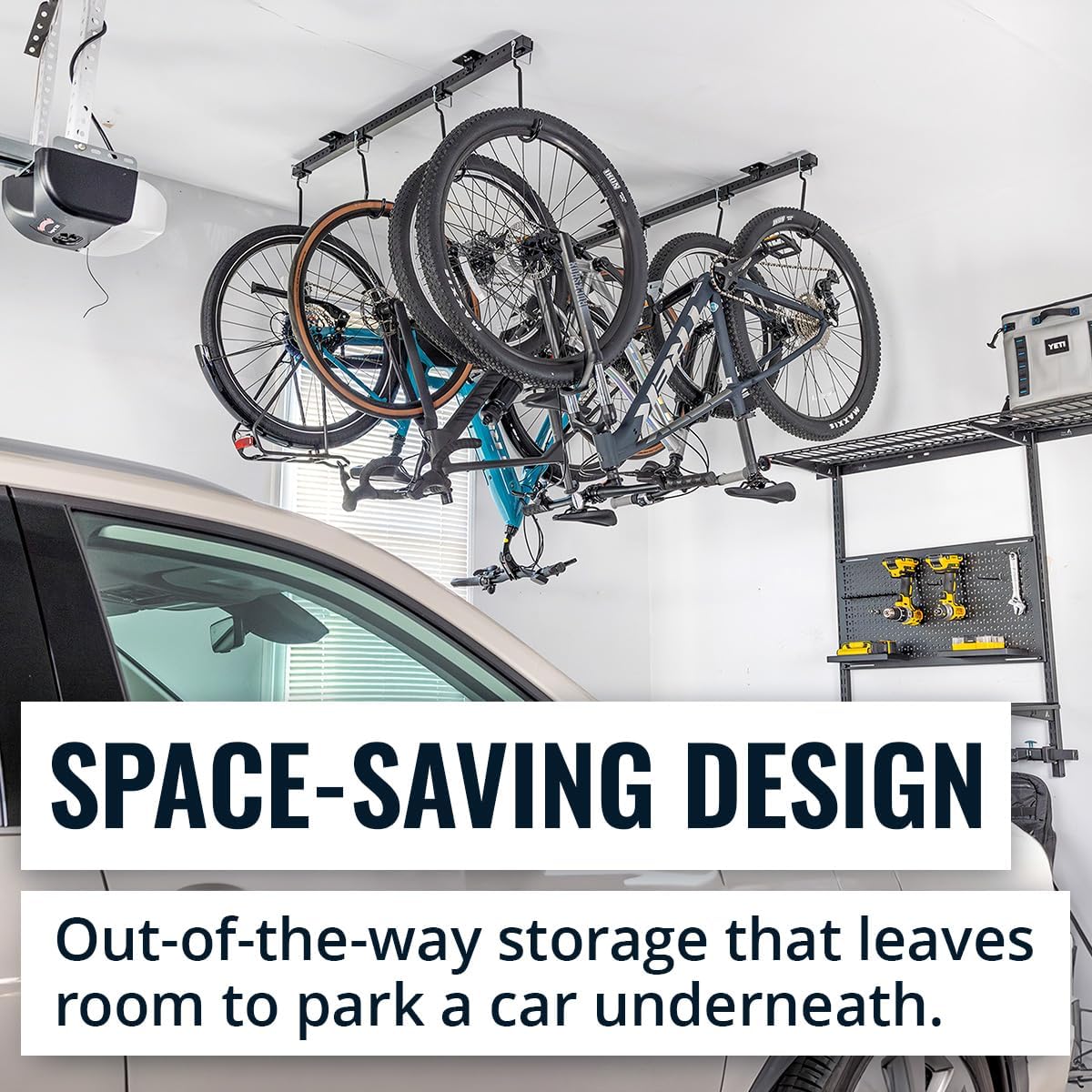 Teal Triangle Ceiling Mounted Bike Rack for Garage - Premium Bicycle Stand & Hanger for Space-Saving Storage | Adjustable Ceiling Hooks Hold 4-8 Bikes - Indoor Bicycle Rack System for basement