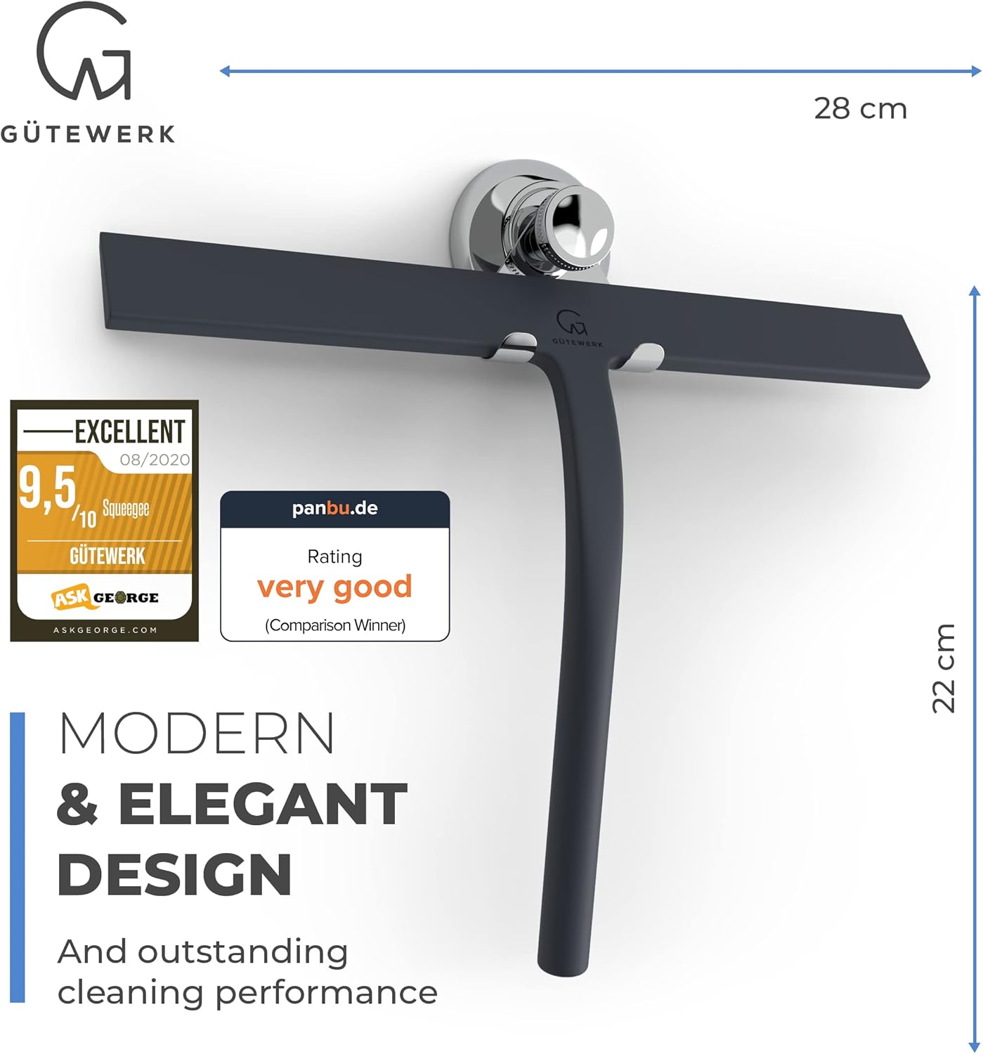 GÜTEWERK Shower Squeegee for Glass Doors, Silicone Window Squeegee, Bathroom and Glass Cleaning - Black - 11 Inch