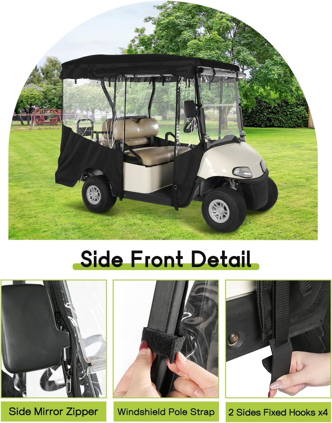 Golf Cart Enclosure 4 Passenger for EZGO RXV 2+2 Enclosure Waterproof Windproof Driving Rain Cover Fit 4-Seater Long Roof with 4-Sided Clear Windows Mirror Openings Roll-up Zipper Door Black