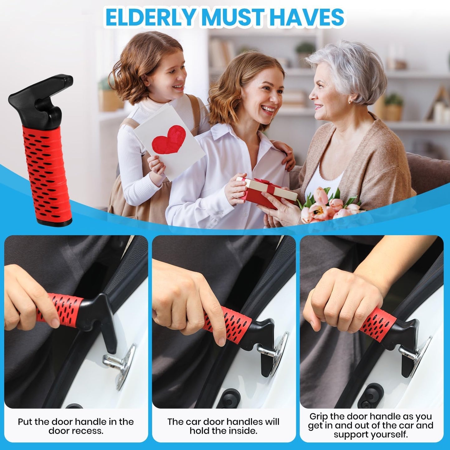 Car Door Handle for Elderly, Car Handle Assist Support, Portable Elderly Assistance Mobility Aids Auto Grab Cane with Strap for Seniors and Handicapped Getting Out of Car, Red, 2 Pack