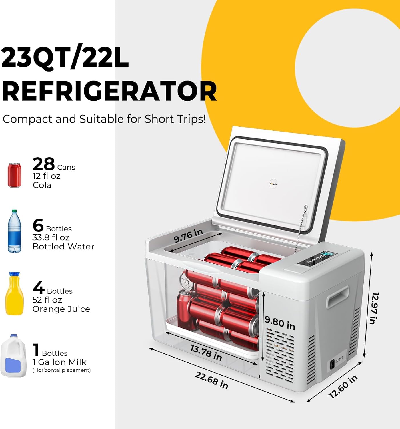 BougeRV 12 Volt Refrigerator 12V Car Fridge 23 Quart Portable Freezer Compressor Cooler 12/24V DC 110~240 Volt AC for Truck Van RV Camper SUV Travel Camping Road Trips Tailgating -8℉~50℉
