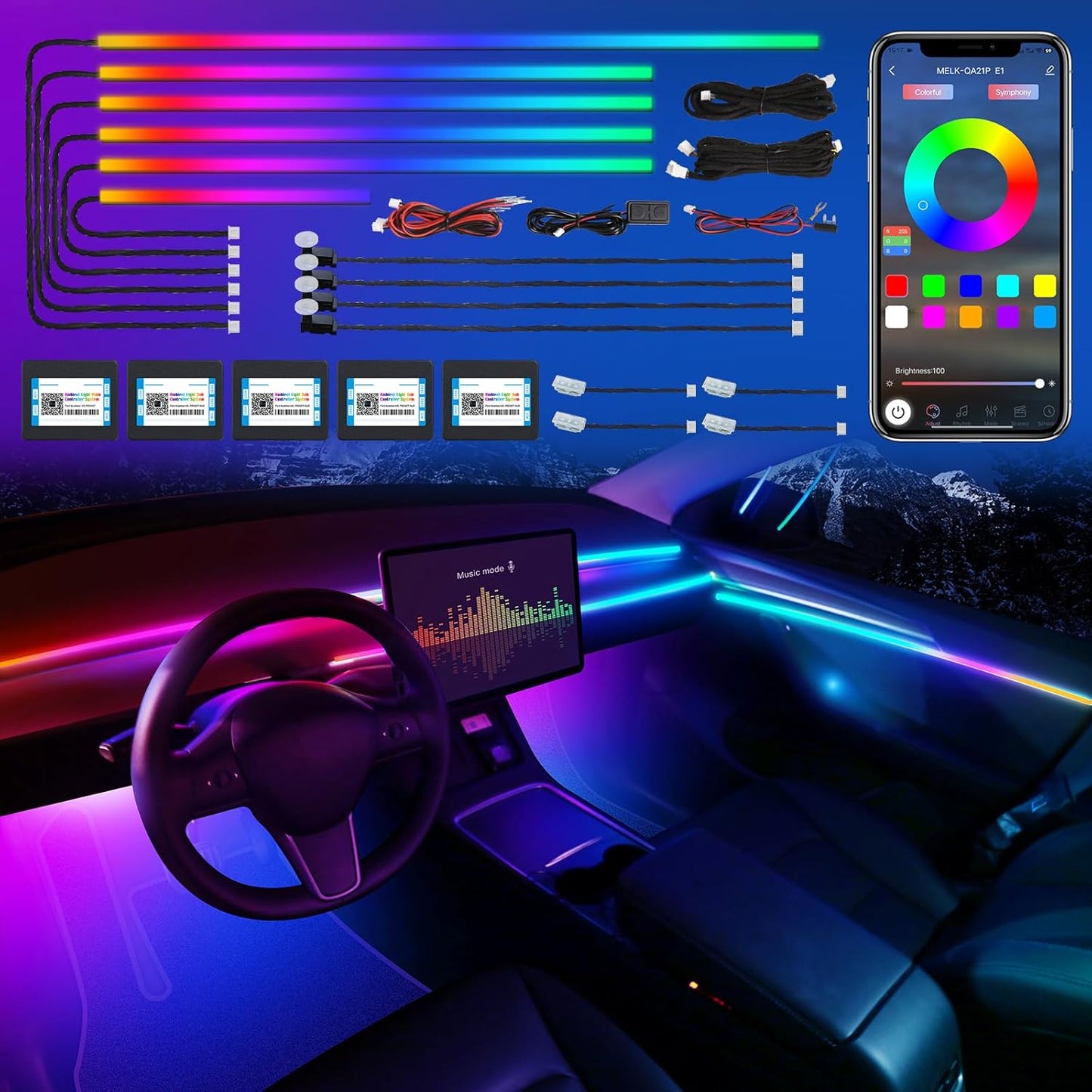 Dreamcolor Acrylic Interior Car LED Strip Light with Wireless APP, RGB 14 in 1 with 175 inches 600 LEDs Fiber Optic Car Ambient Lighting Kits, Dual Zone Sound Active Function LED Strip for Car