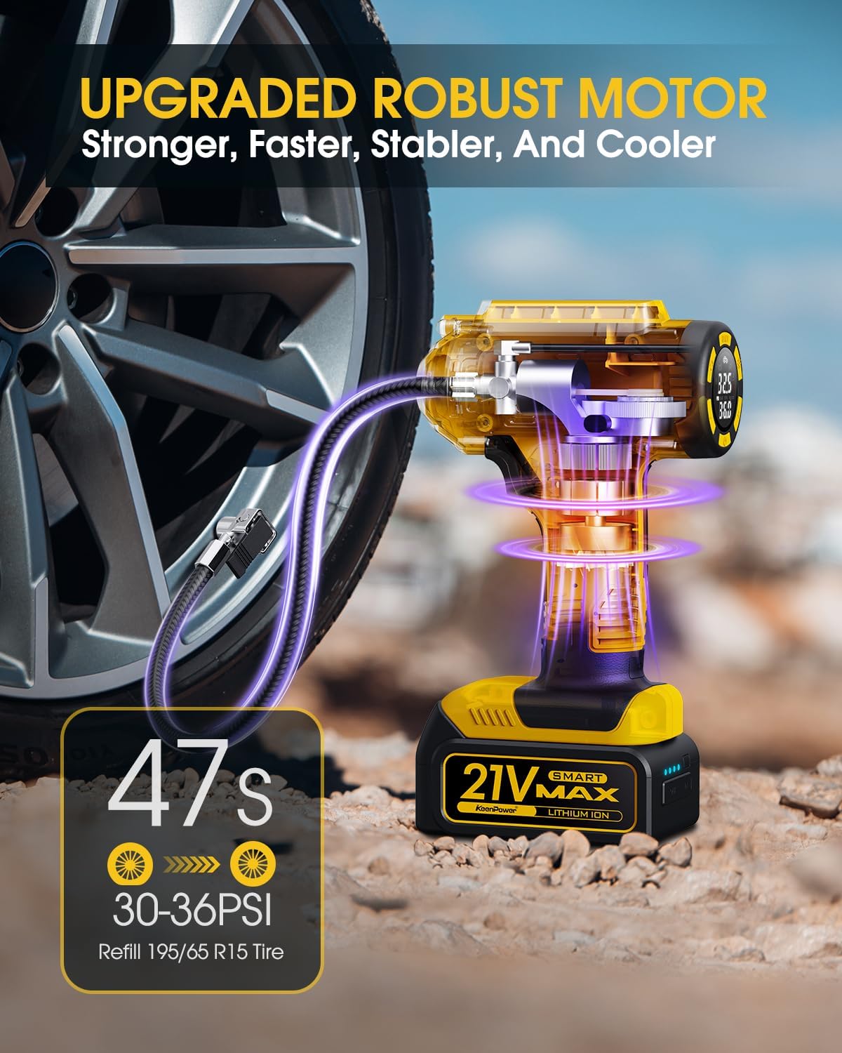 Cordless Tire Inflator Portable Air Compressor, 160PSI Car Tire Air Pump, 21V Rechargeable Battery Powered Air Compressor, Dual Power, Larger HD Digital Gauge w/4+N Smart Modes (Yellow)