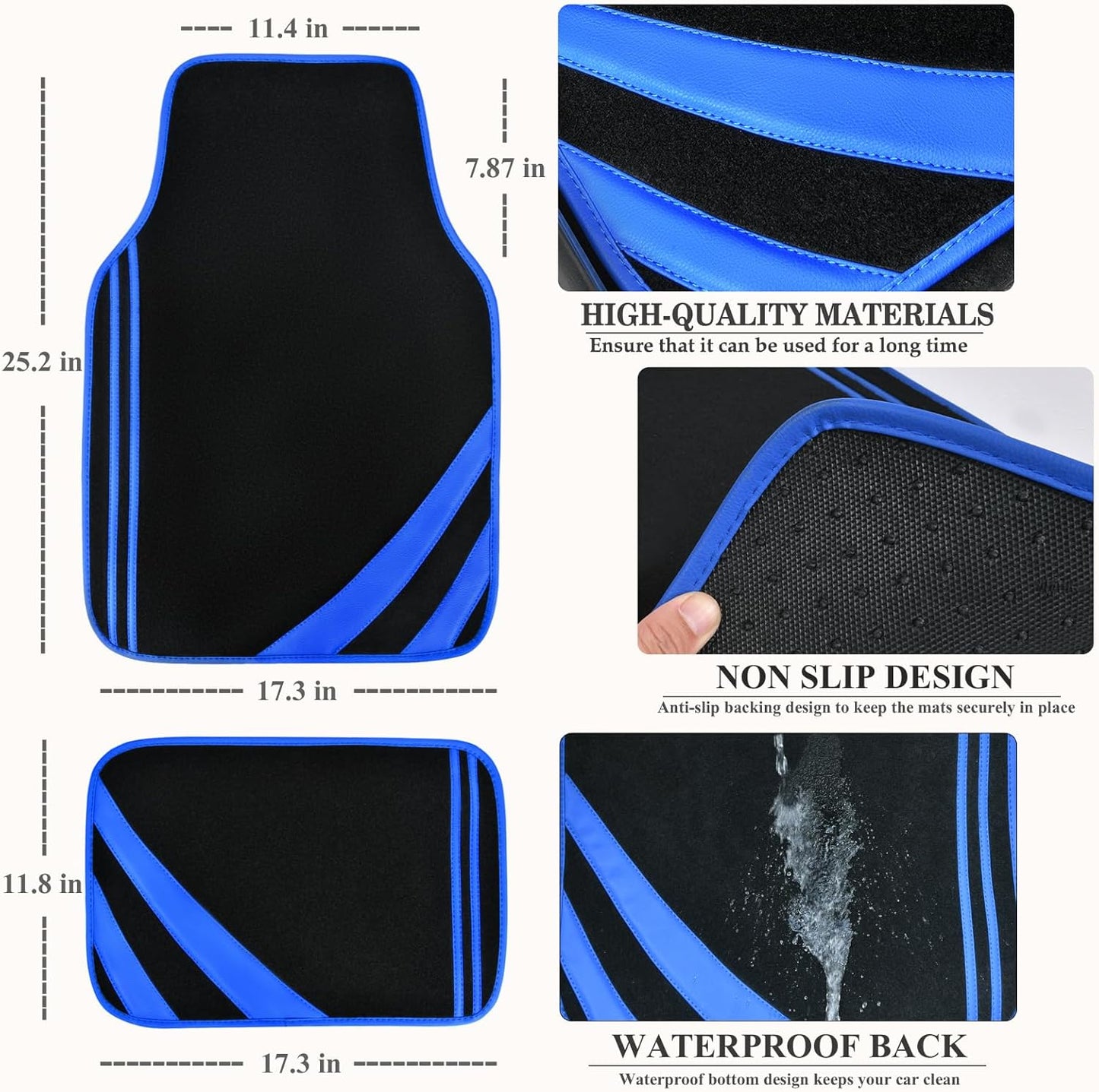 CAR PASS Faux Leather Car Mats Blue Edge Waterproof Car Floor Mats Car Carpet Mats 4 Pieces with Double Stitch Line Anti-Slip Backing Design, Universal Fit for Most Vehicles,SUVs,Sedan,Vans