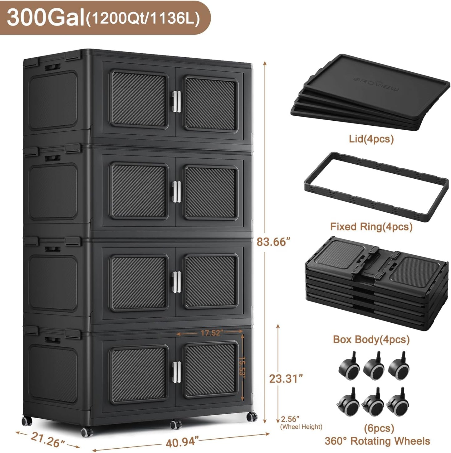 1200 Qt Stackable Storage Bin with Lid, 300Gal Extra Large Collapsible Storage Boxes, Folding Plastic Drawer, Heavy-Duty Store Cabinet, Closet Organizer for Home Kitchen, 4 Pack Black